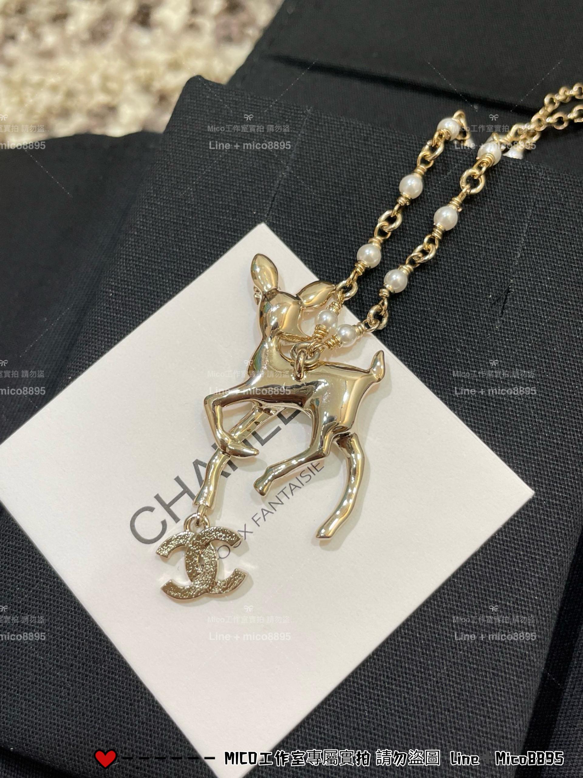 CHANEL | 童趣風格 珍珠鏈小鹿雙C水鑽項鍊