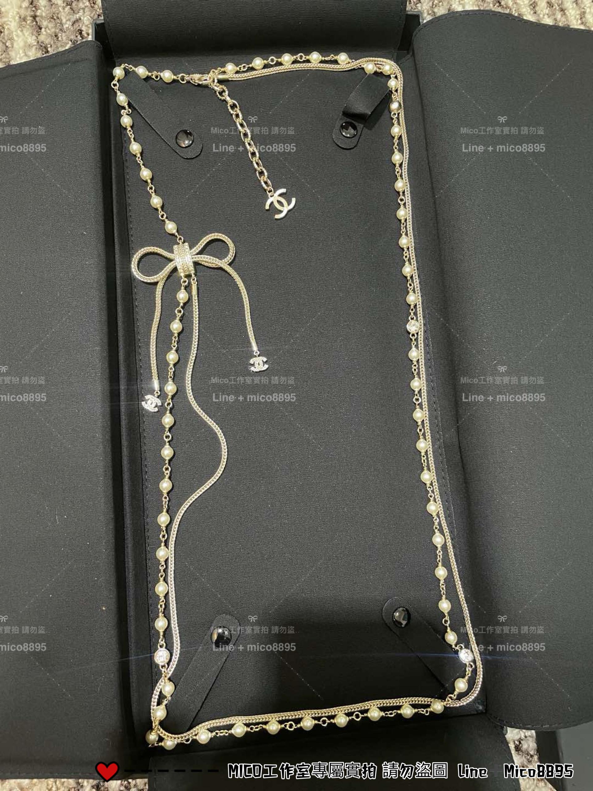 CHANEL | 24K 淡金色五金蝴蝶結拼接鏈條珍珠長款毛衣鏈