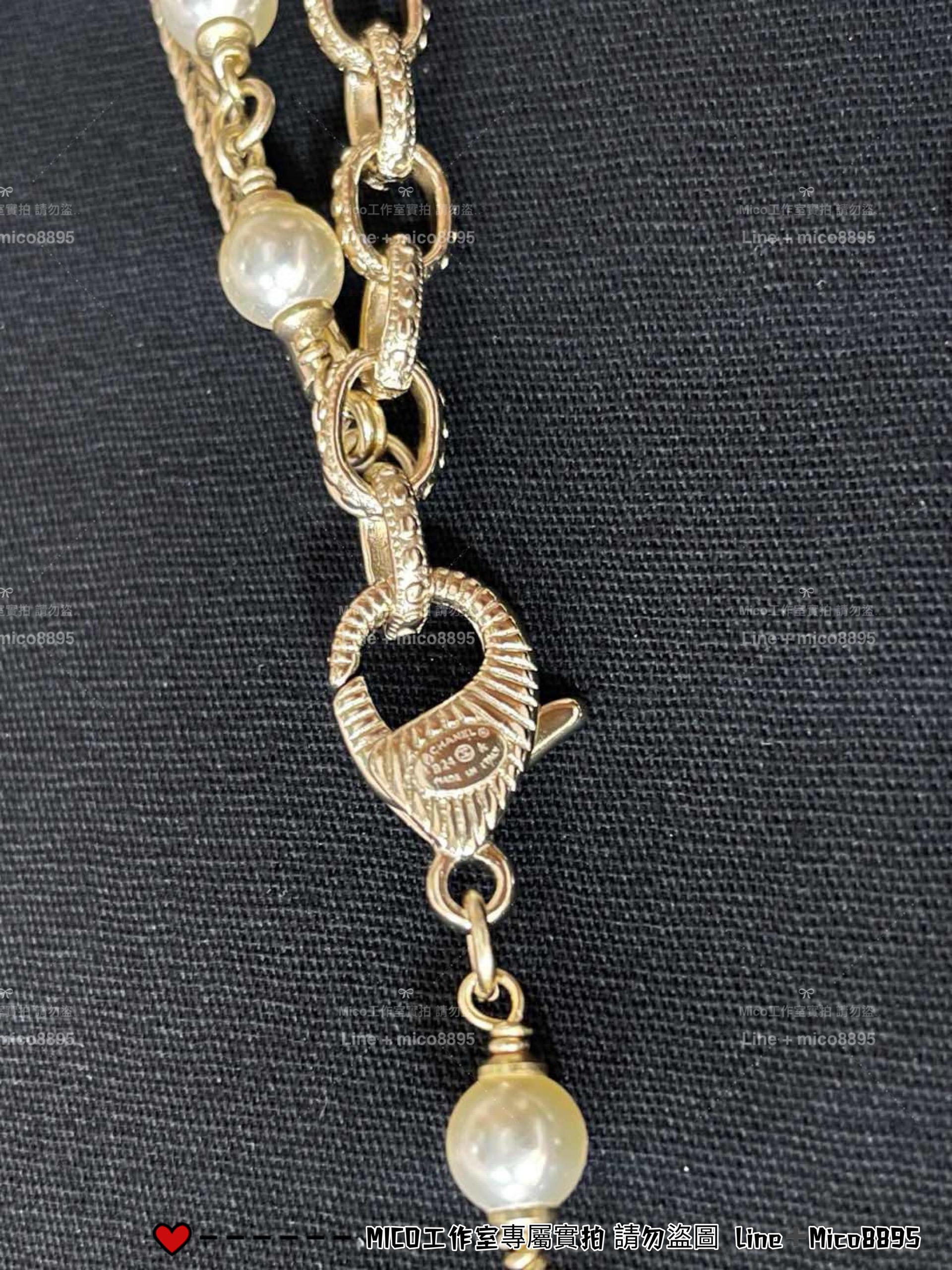 CHANEL | 24K 淡金色五金蝴蝶結拼接鏈條珍珠長款毛衣鏈