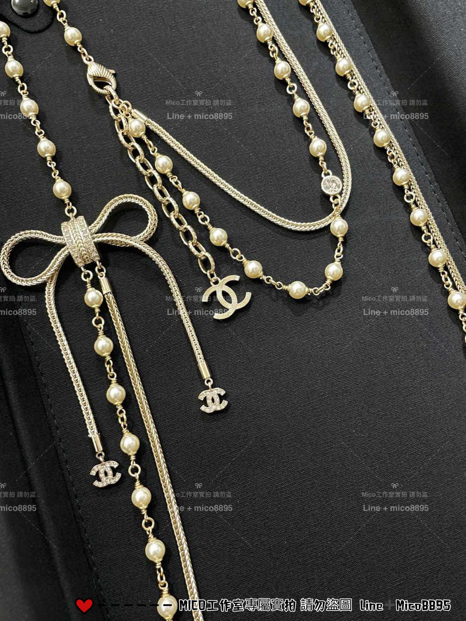 CHANEL | 24K 淡金色五金蝴蝶結拼接鏈條珍珠長款毛衣鏈
