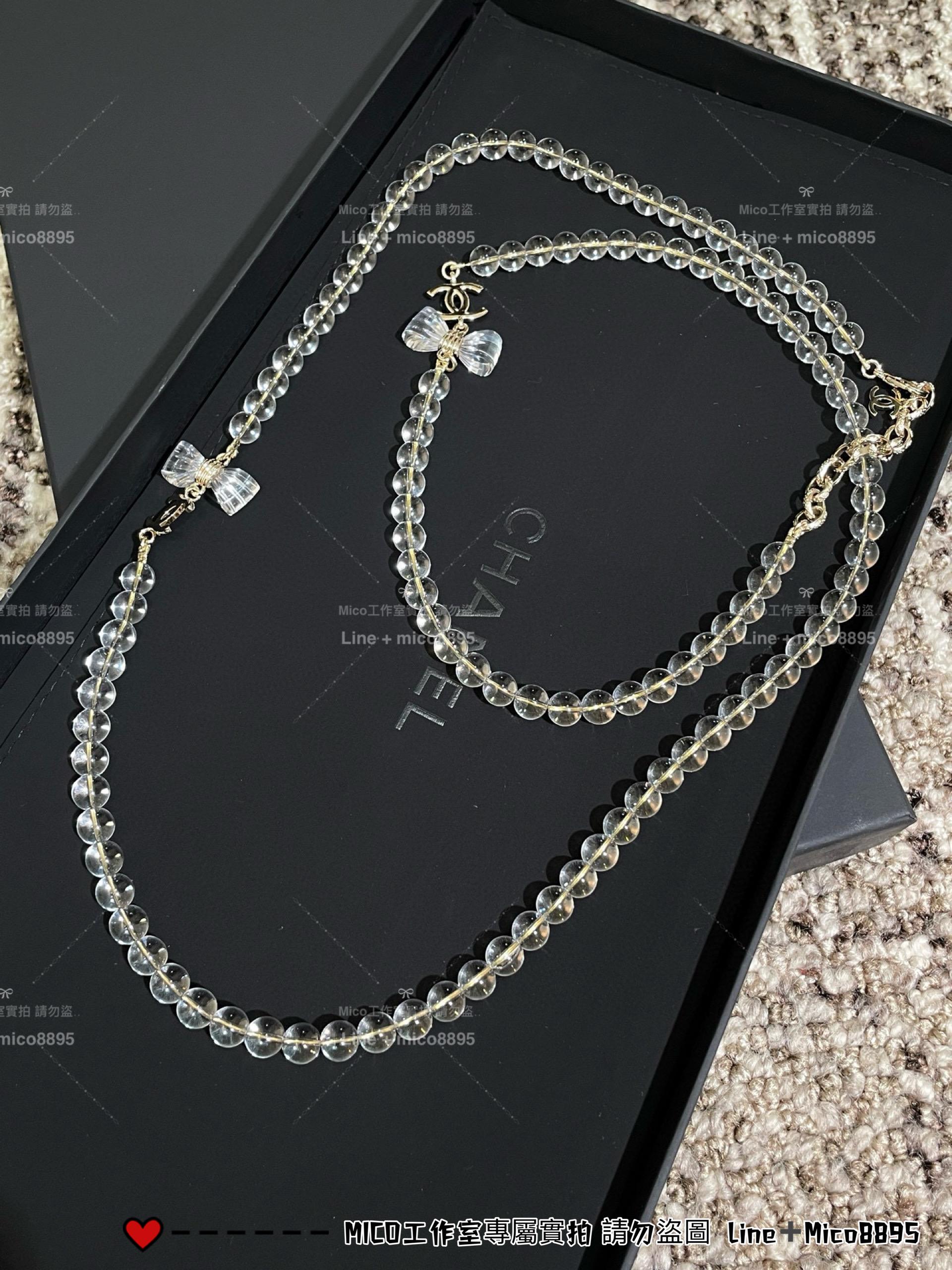 CHANEL | 25p 透明壓克力珍珠蝴蝶結長款毛衣鏈 長項鍊