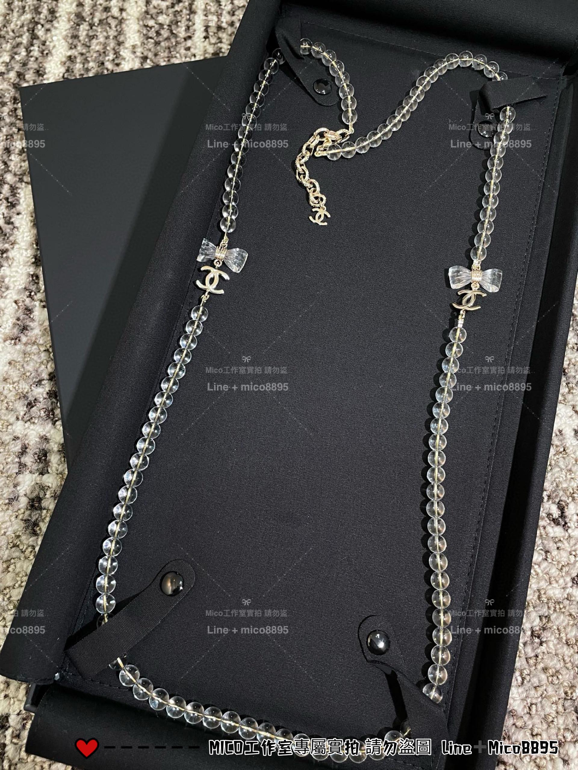 CHANEL | 25p 透明壓克力珍珠蝴蝶結長款毛衣鏈 長項鍊