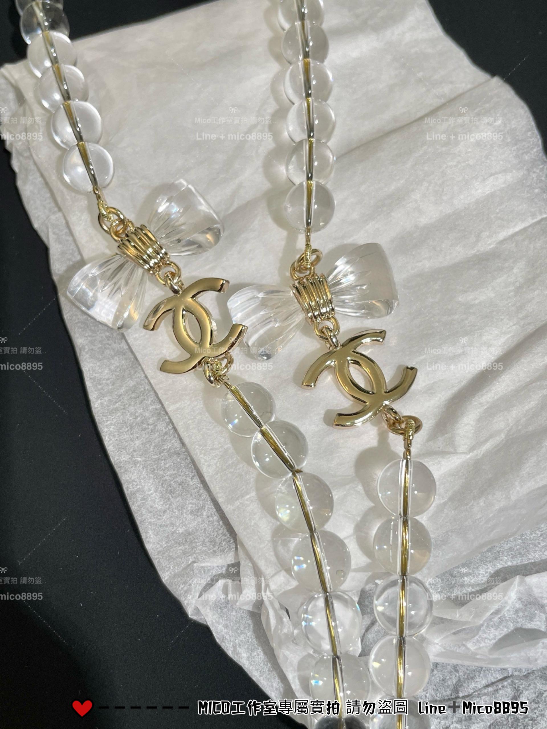 CHANEL | 25p 透明壓克力珍珠蝴蝶結長款毛衣鏈 長項鍊