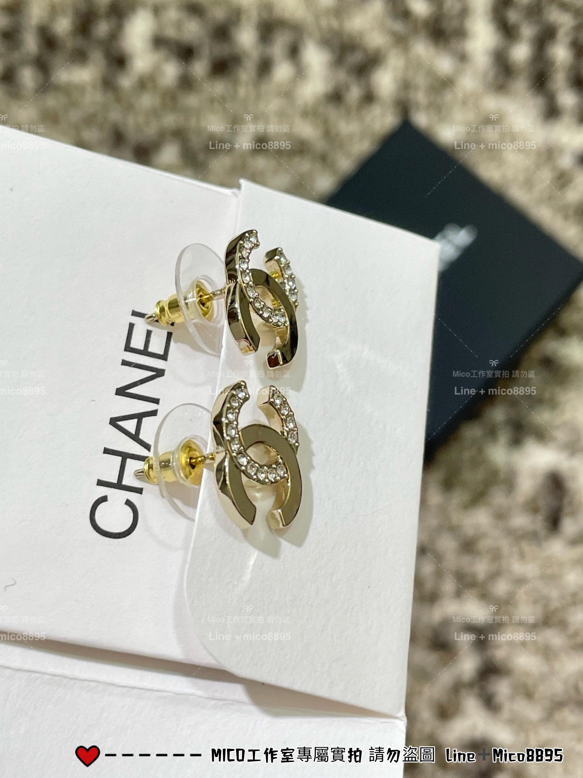 CHANEL | 半鑽拼接式基礎款金色耳釘/耳環