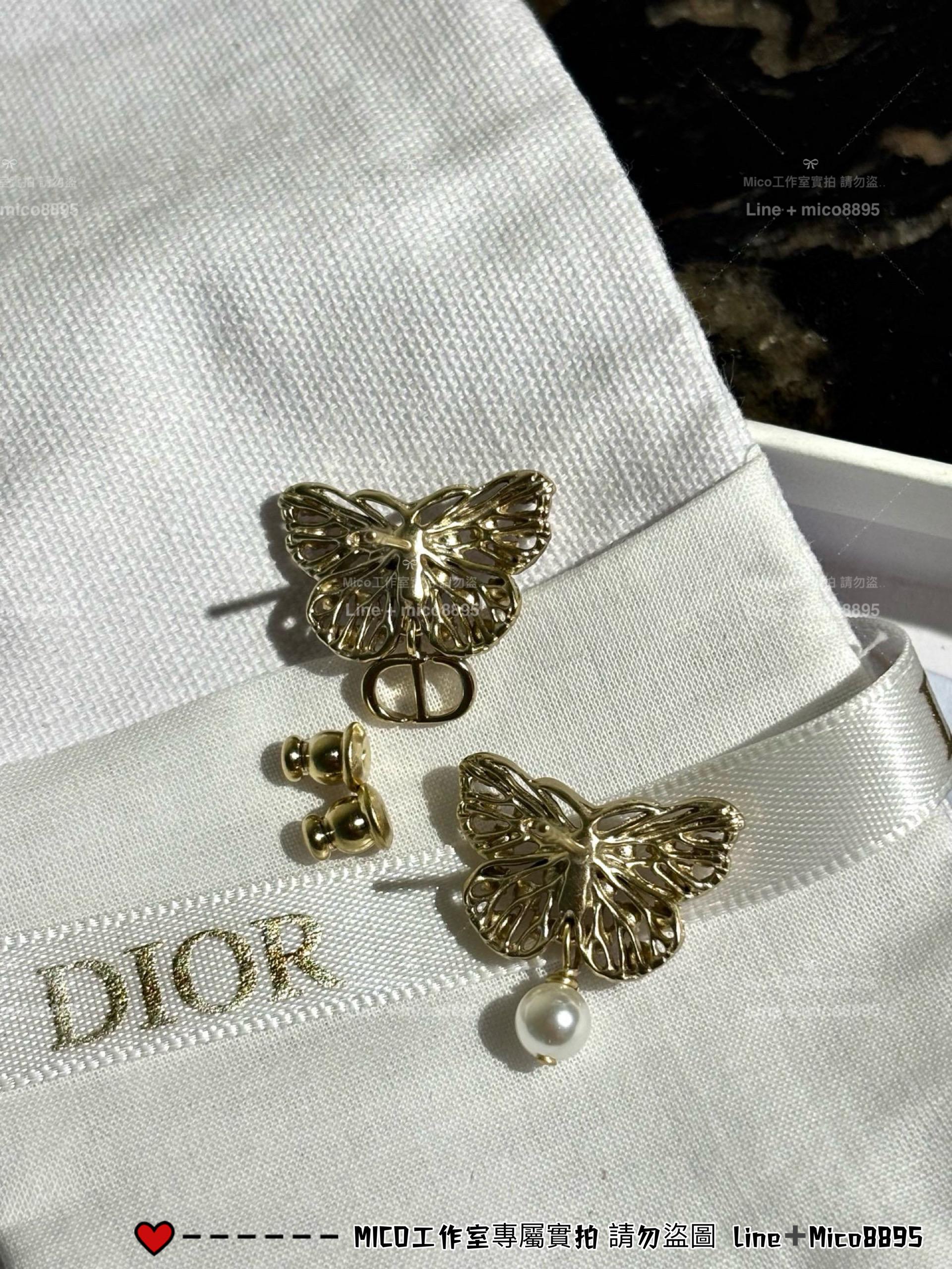 DIOR 磨砂金 立體珍珠不對稱cd字母蝴蝶耳環/耳釘
