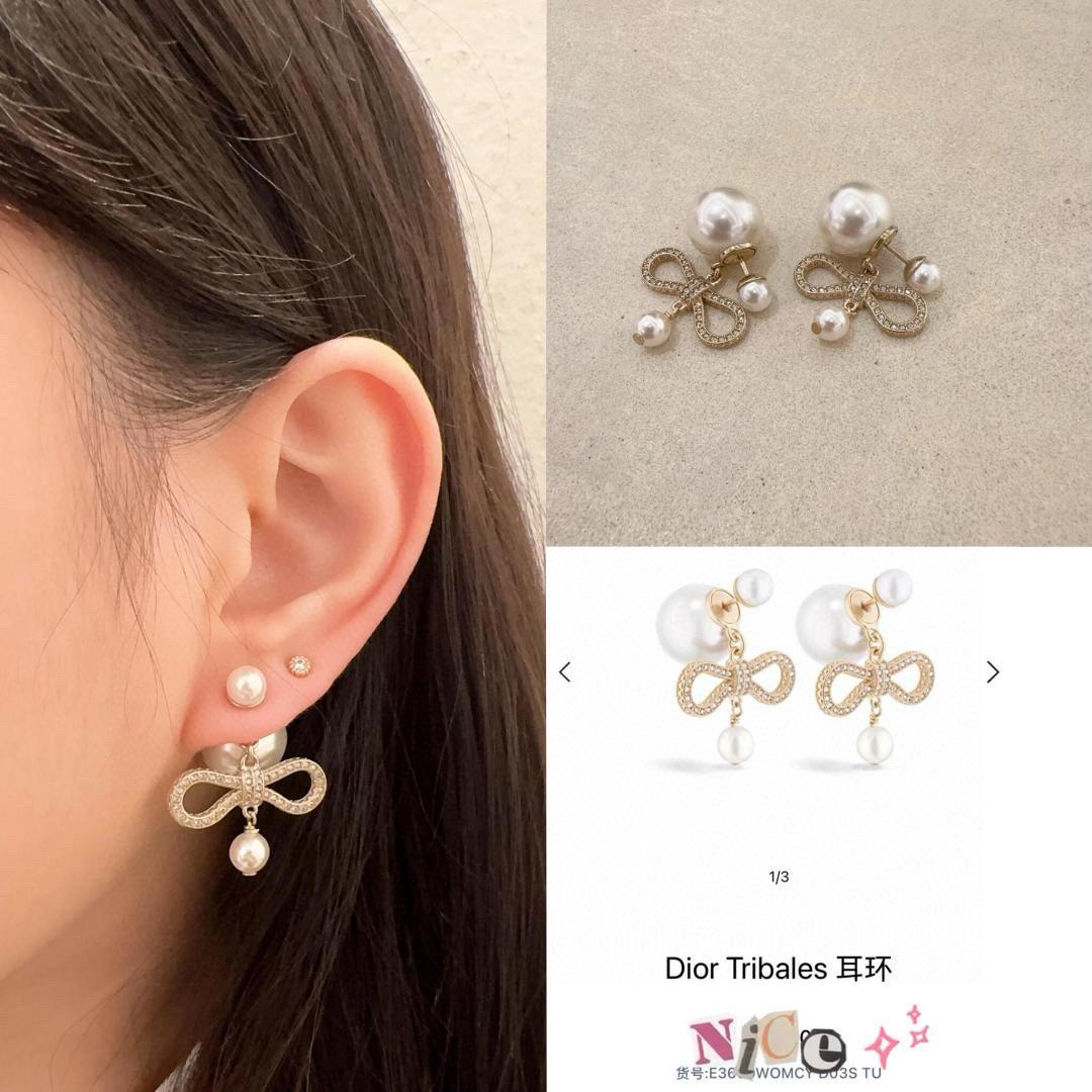 DIOR 滿鑽蝴蝶結絲帶雙珍珠耳環/耳釘