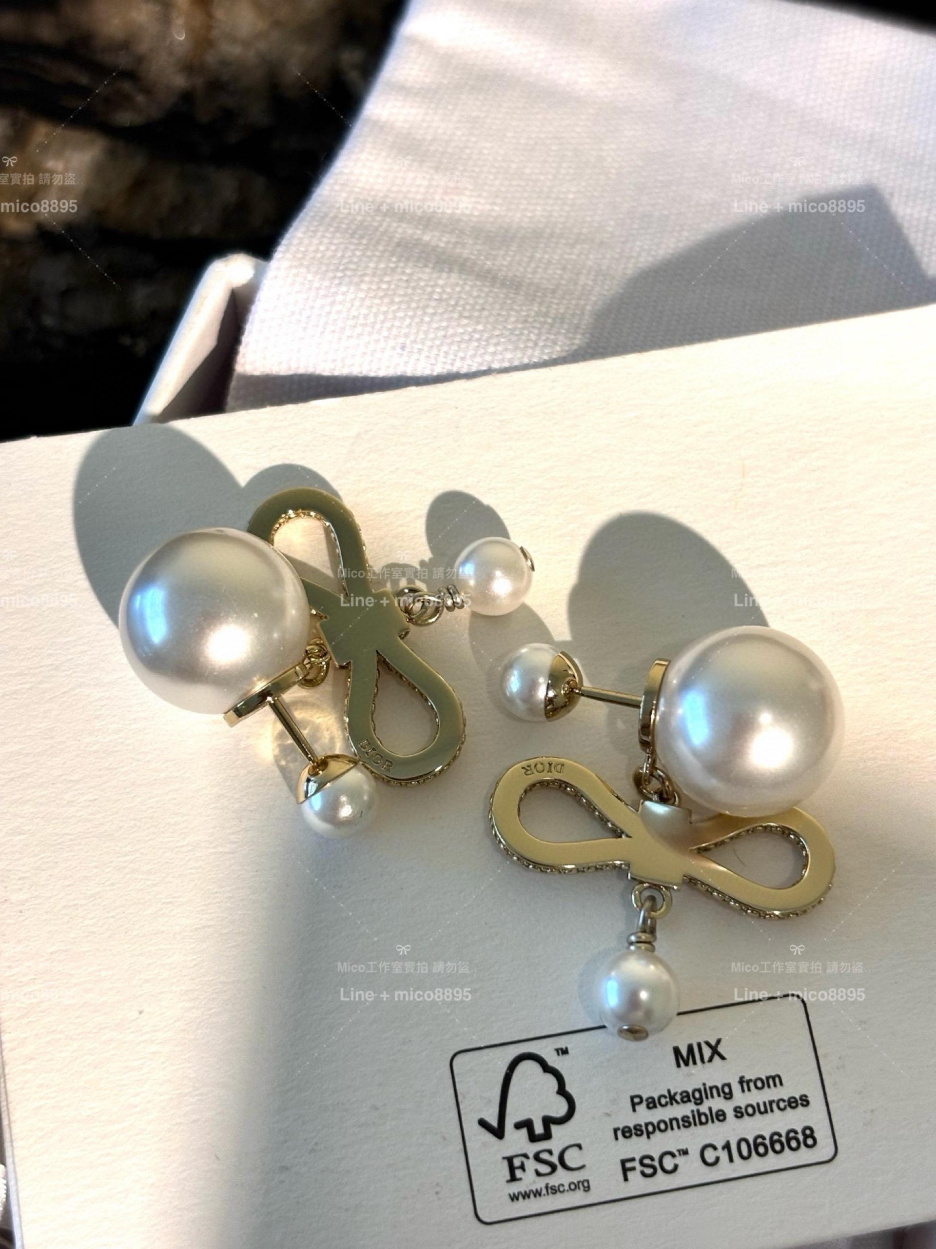 DIOR 滿鑽蝴蝶結絲帶雙珍珠耳環/耳釘