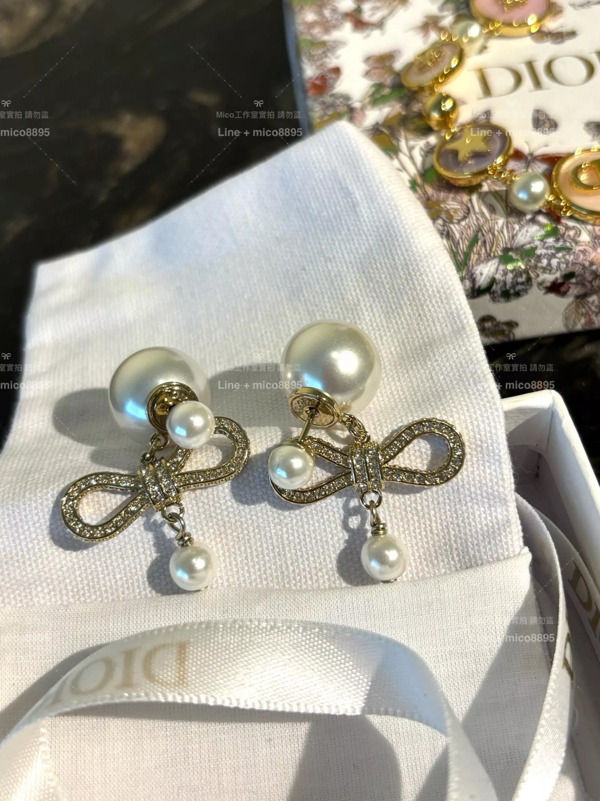 DIOR 滿鑽蝴蝶結絲帶雙珍珠耳環/耳釘