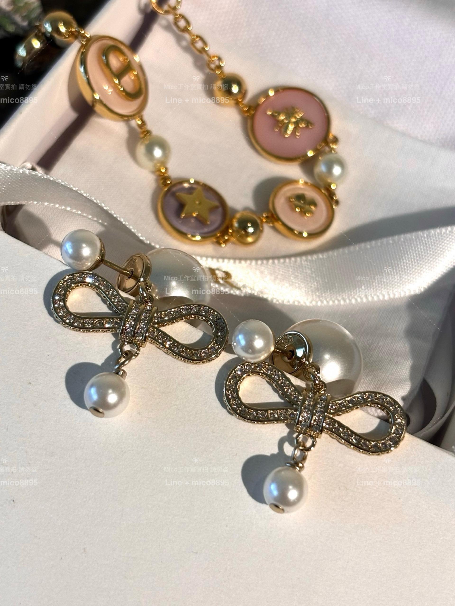 DIOR 滿鑽蝴蝶結絲帶雙珍珠耳環/耳釘