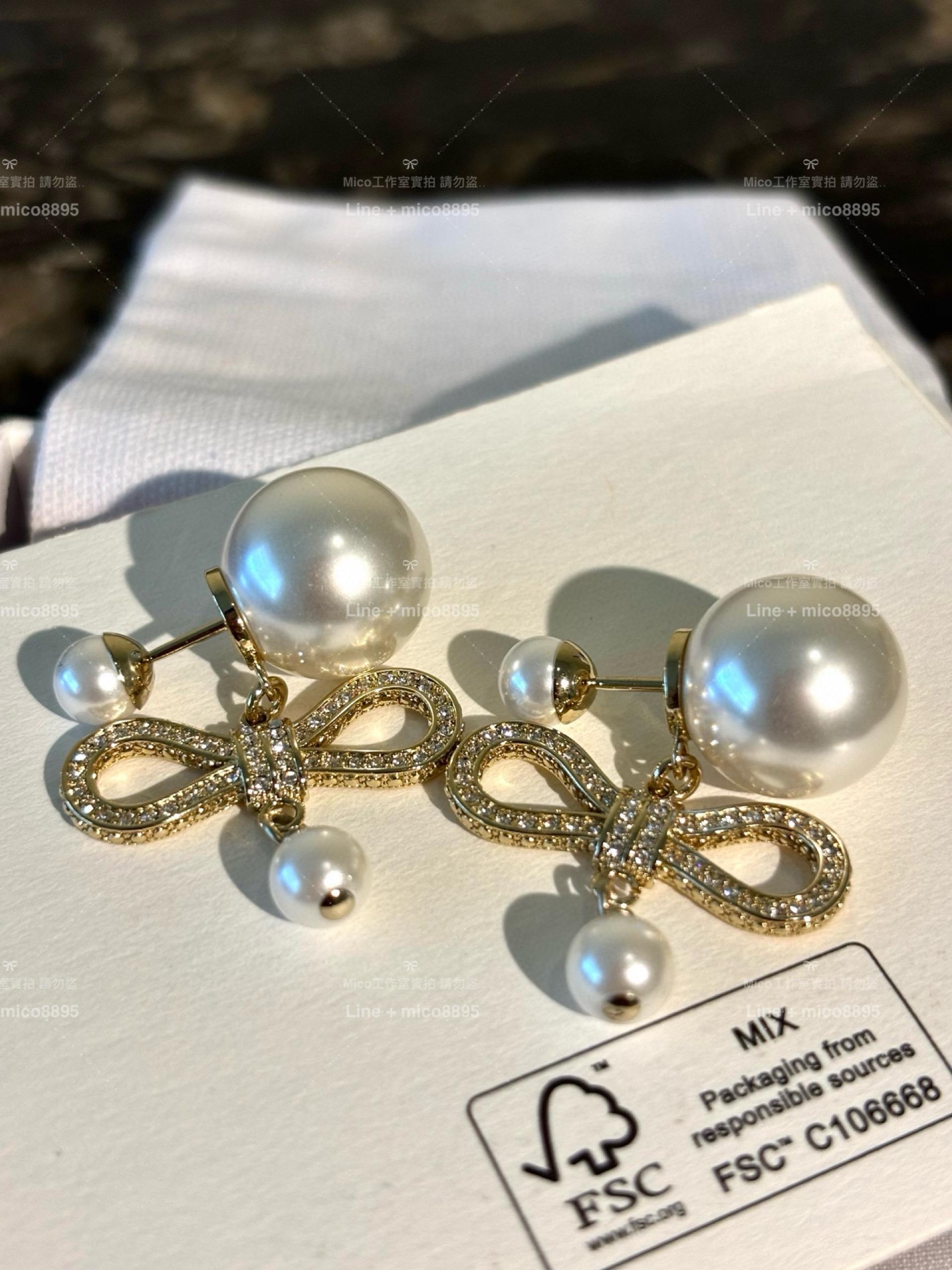 DIOR 滿鑽蝴蝶結絲帶雙珍珠耳環/耳釘