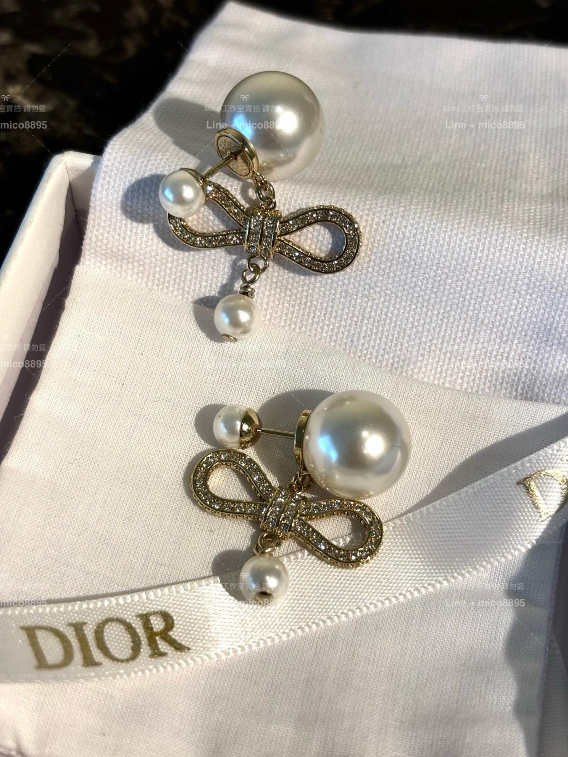 DIOR 滿鑽蝴蝶結絲帶雙珍珠耳環/耳釘