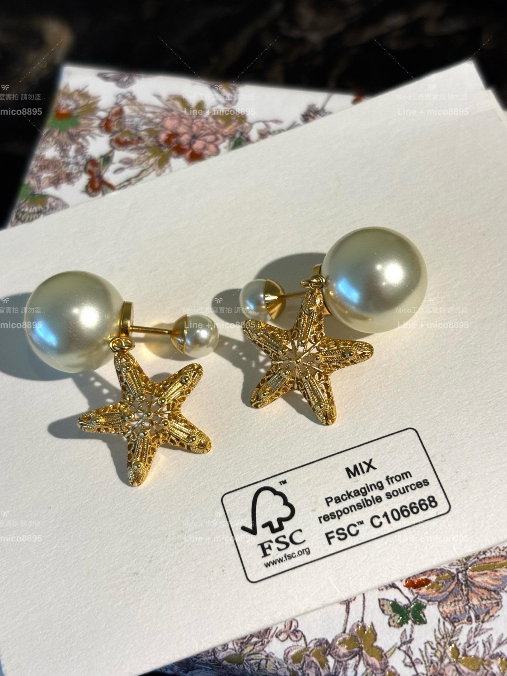 DIOR 金屬蕾絲線條 海星雙珍珠耳環/耳釘