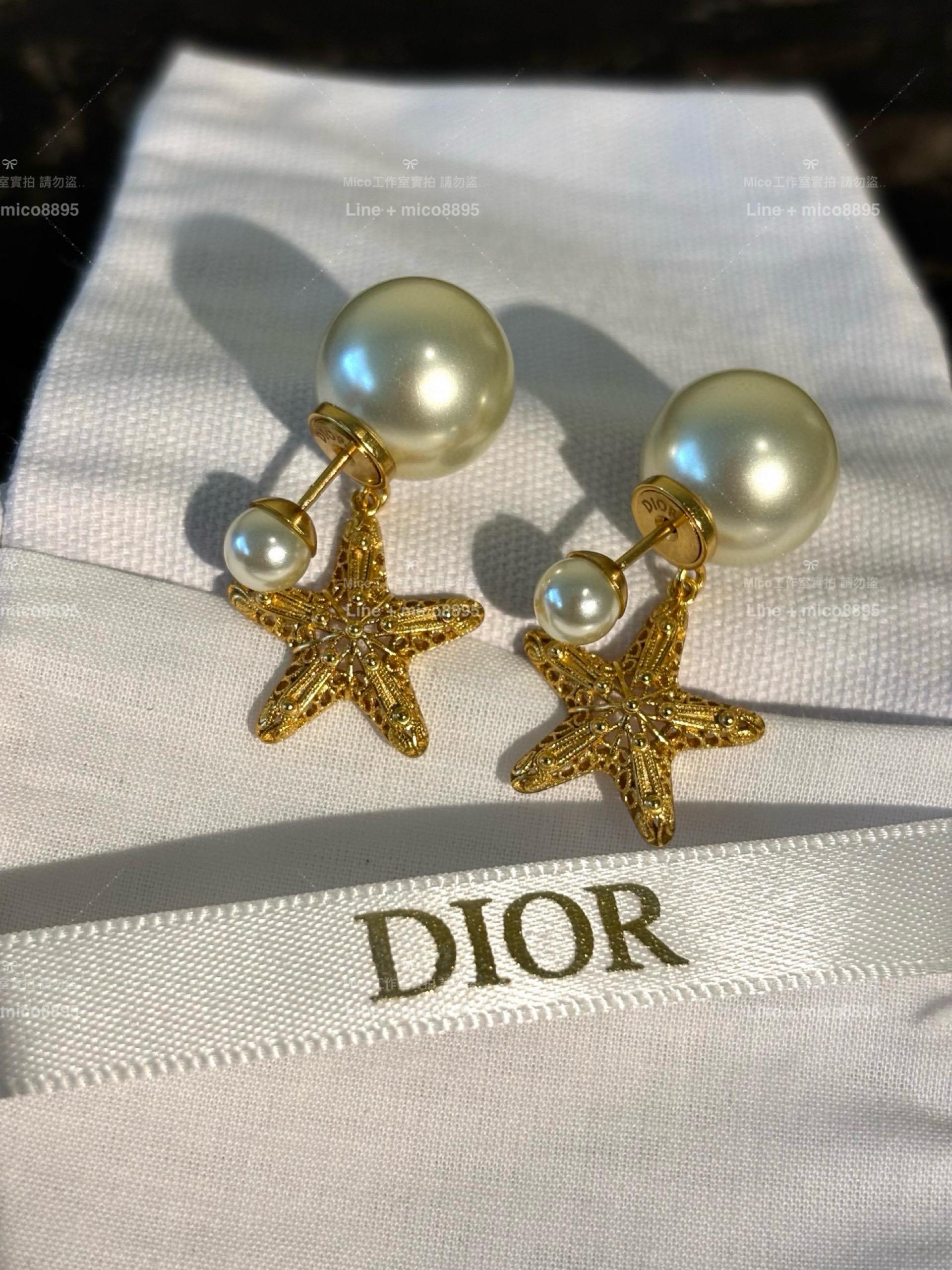 DIOR 金屬蕾絲線條 海星雙珍珠耳環/耳釘