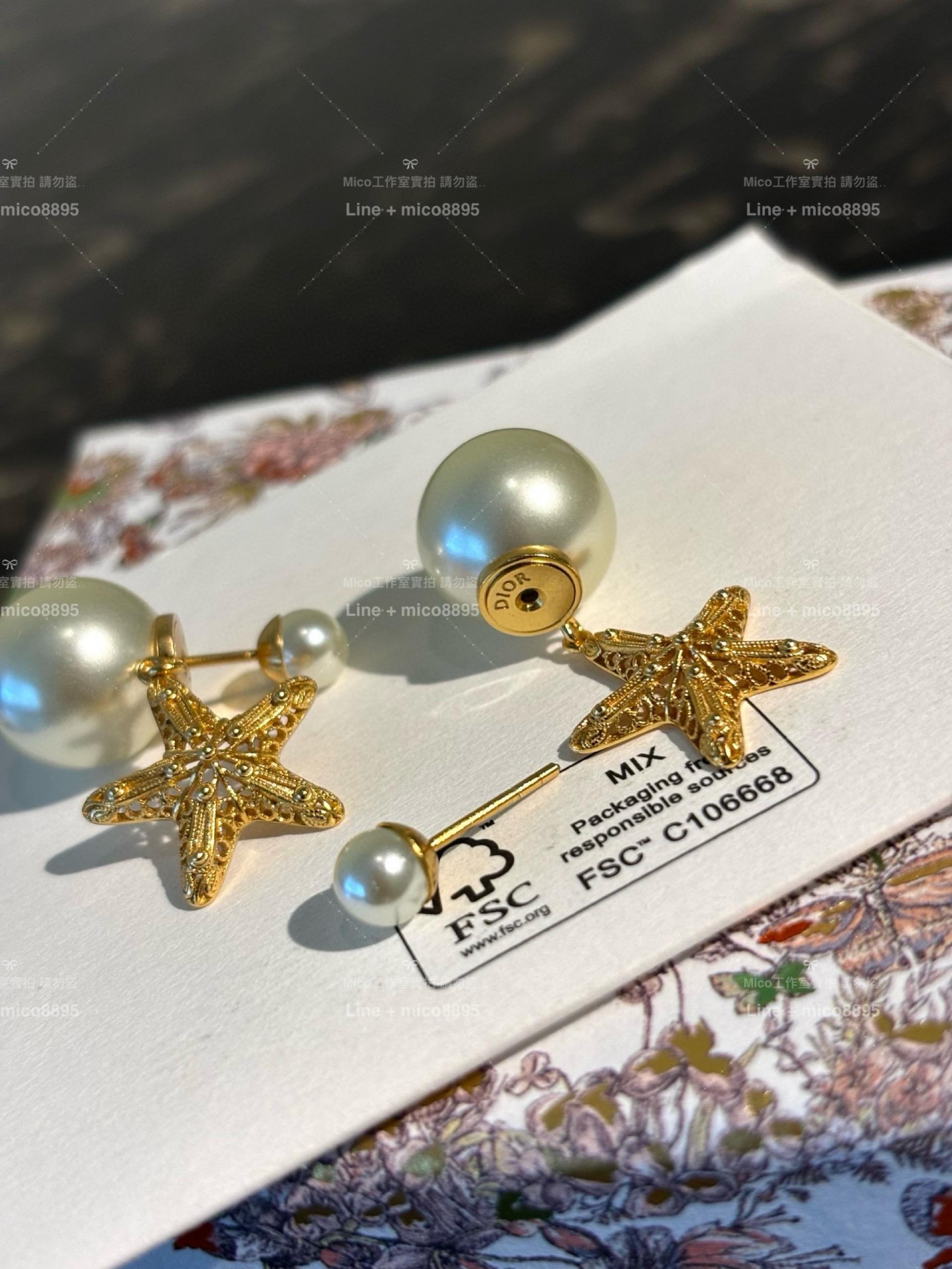 DIOR 金屬蕾絲線條 海星雙珍珠耳環/耳釘
