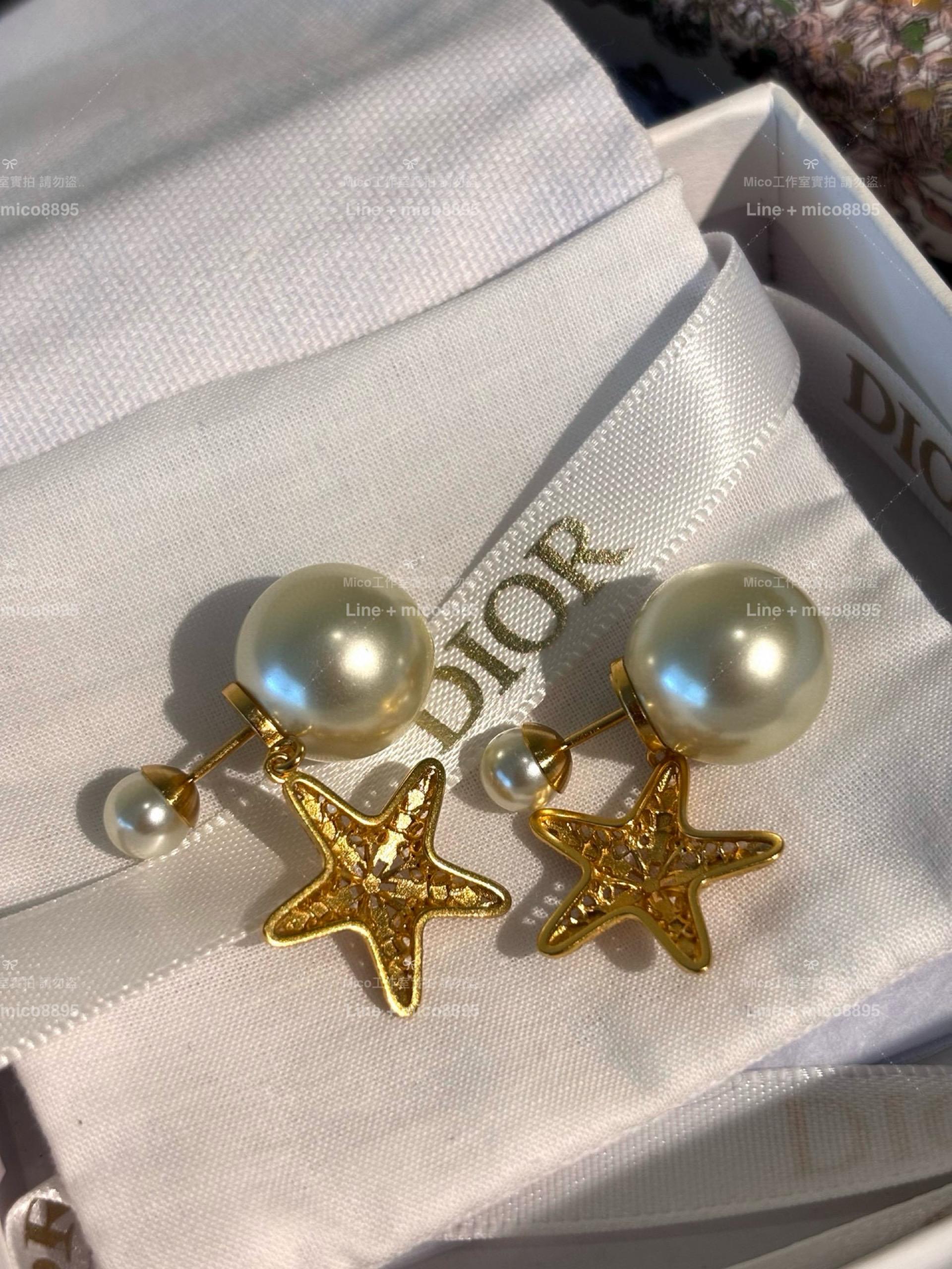 DIOR 金屬蕾絲線條 海星雙珍珠耳環/耳釘