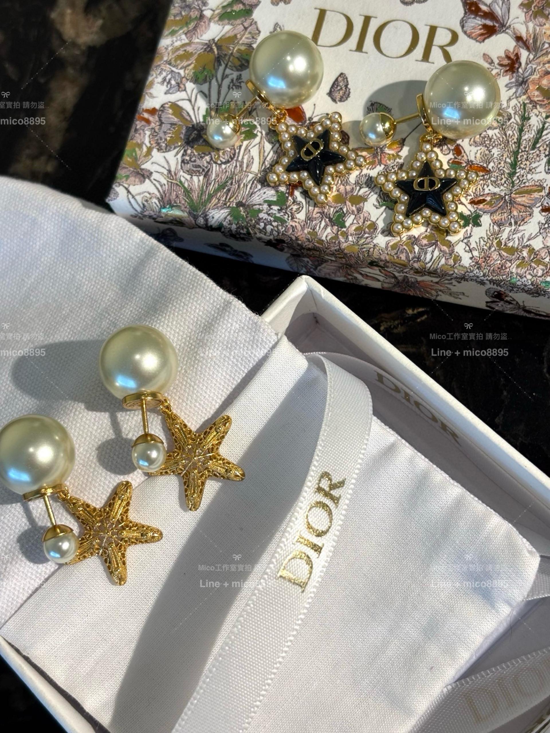 DIOR 金屬蕾絲線條 海星雙珍珠耳環/耳釘