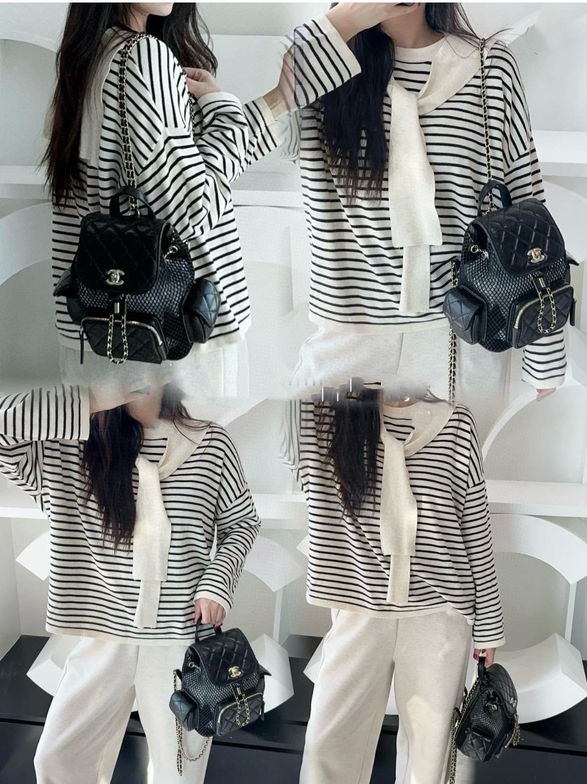 CHANEL | 小香 25S 黑色小羊皮拼接網紗摟空雙肩包 厚背包 25cm
