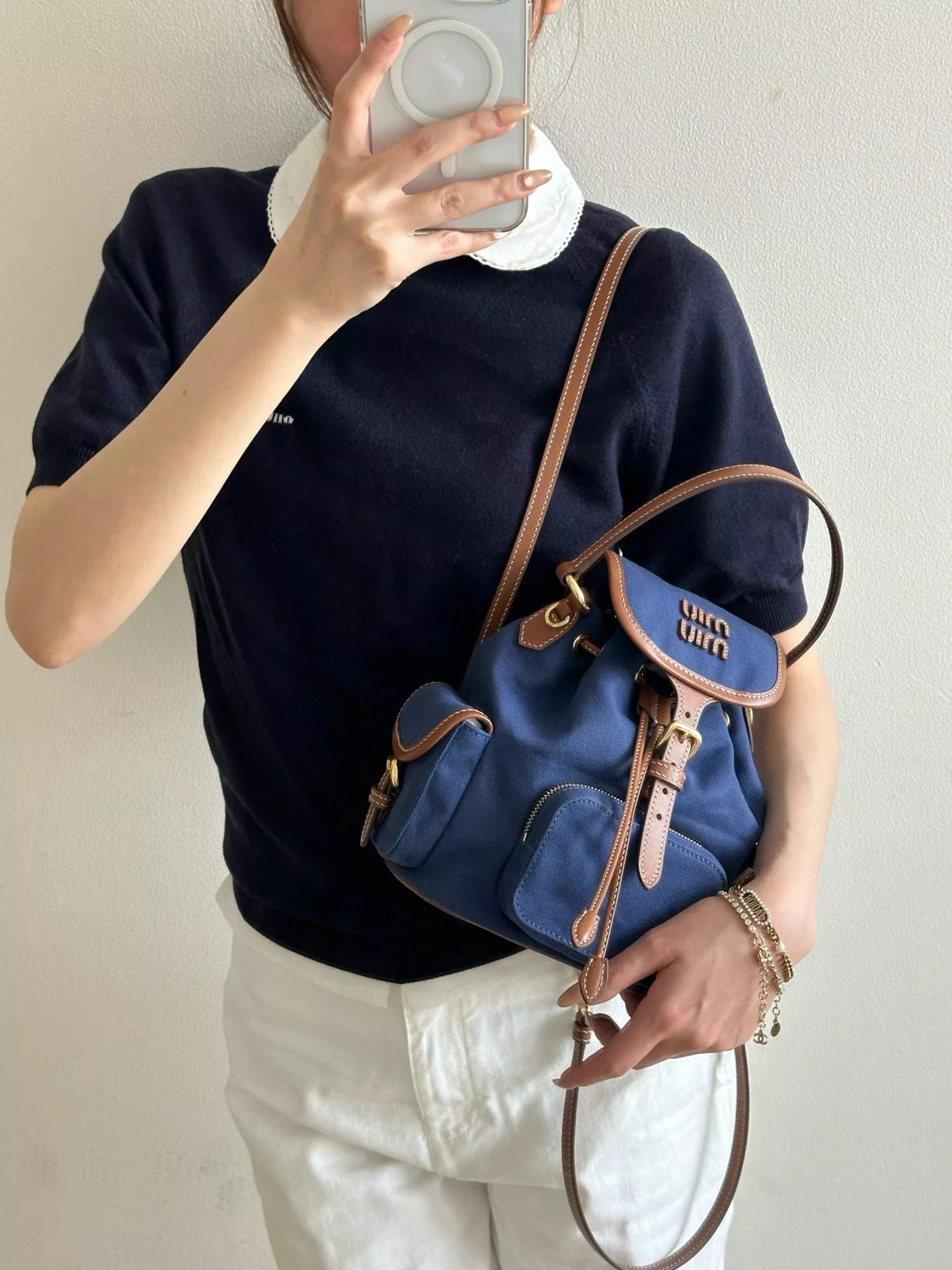 MIUMIU 25SS 藍色 小牛皮拼接帆布雙肩包 後背包 18*22cm