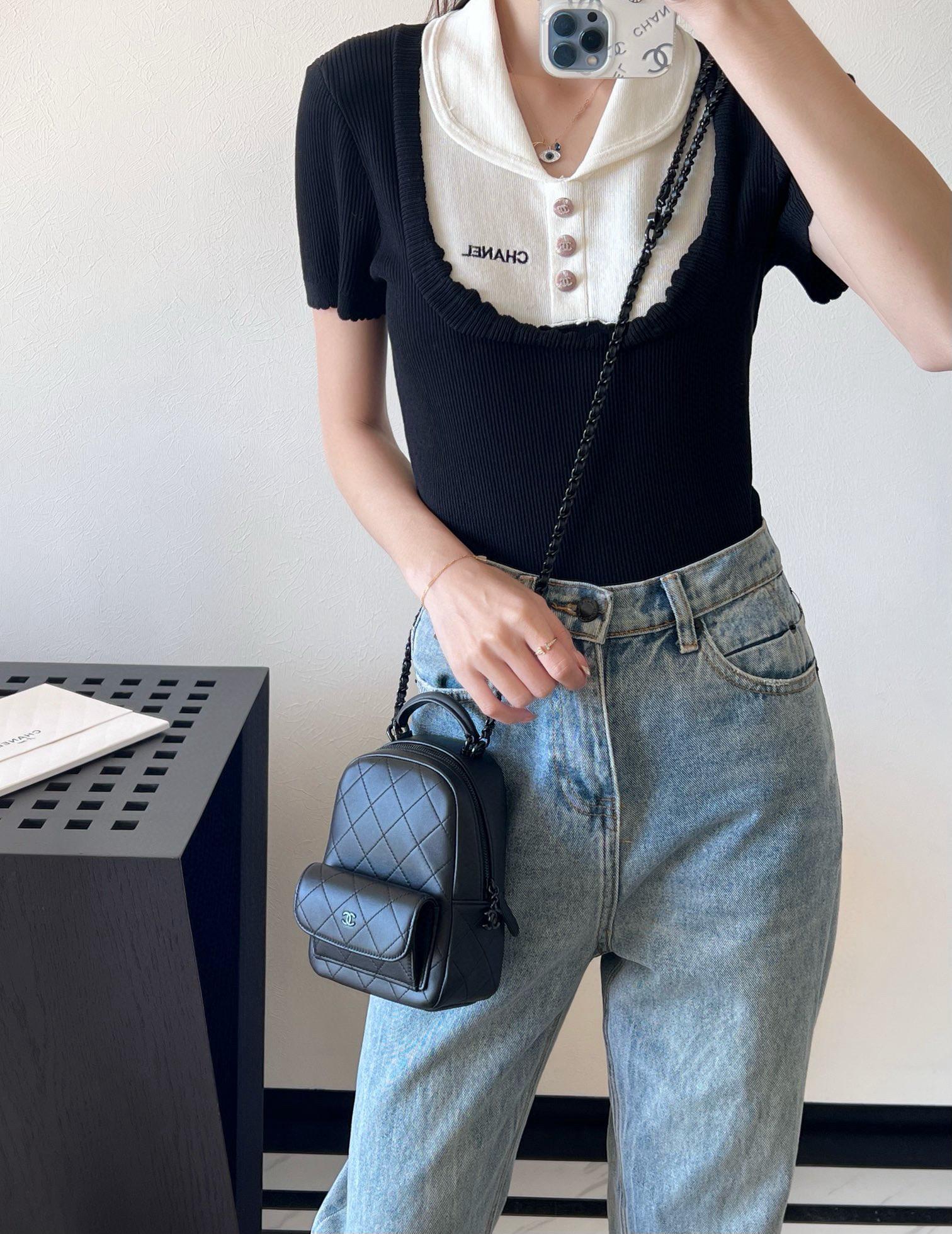 CHANEL | 小香 25C 早春 𝗦𝗼 𝗕𝗹𝗮𝗰𝗸多功能mini雙背包 黑色小牛皮 18cm