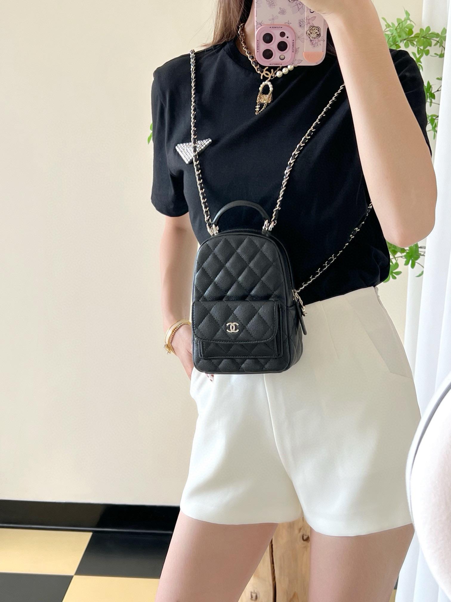 CHANEL | 小香 25C 早春 黑色荔枝牛皮/淡金釦 多功能mini雙背包 小牛皮 18cm