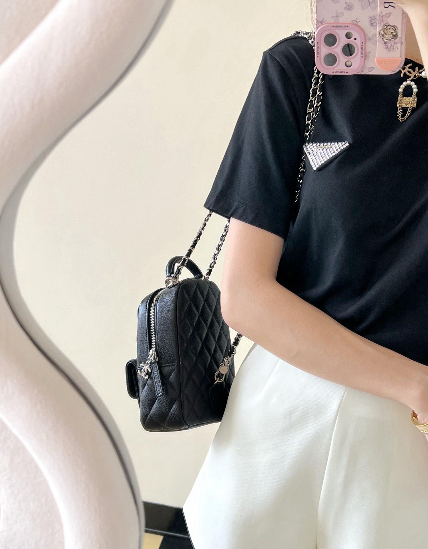 CHANEL | 小香 25C 早春 黑色荔枝牛皮/淡金釦 多功能mini雙背包 小牛皮 18cm