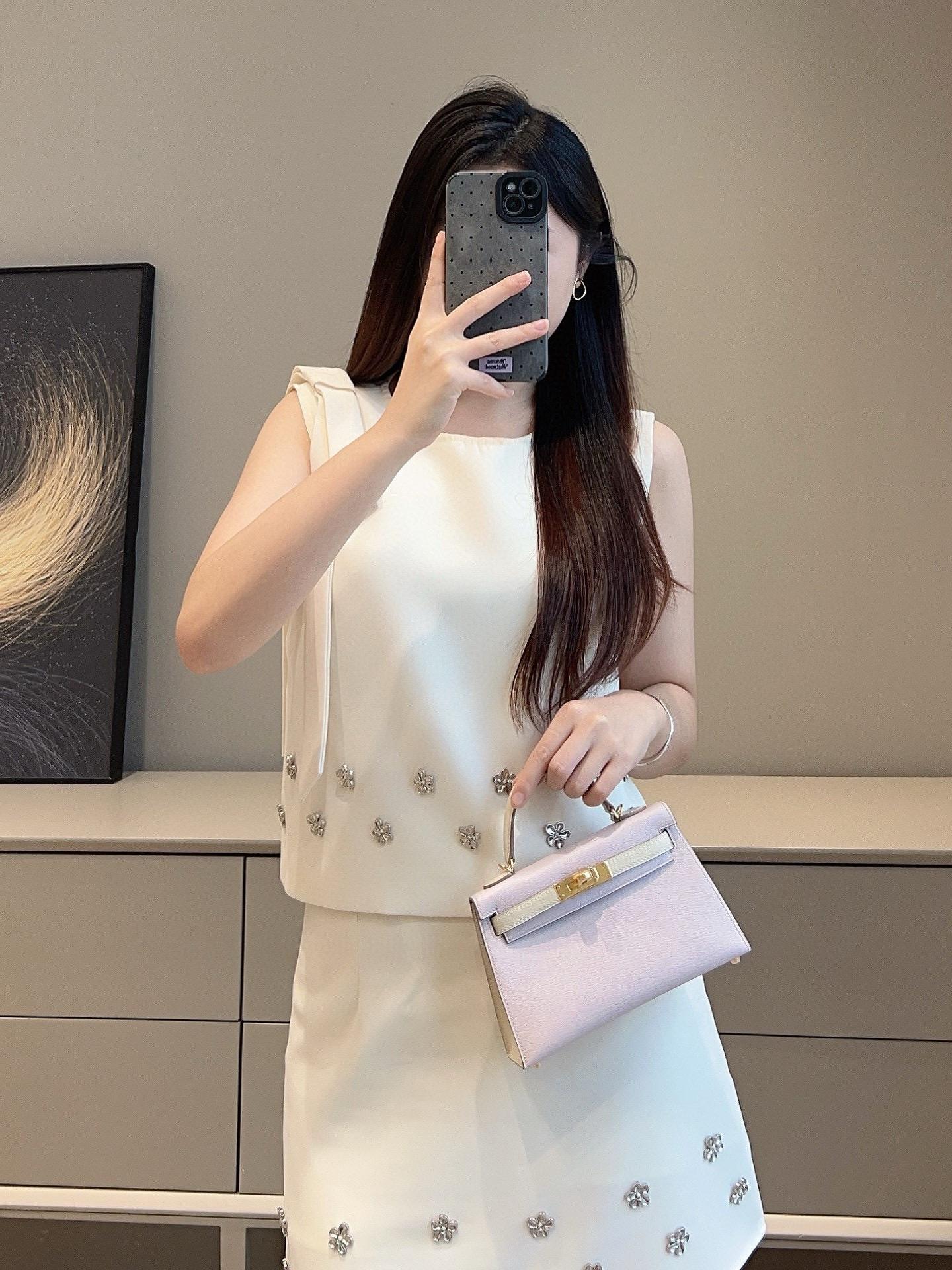 HERMES 夢幻粉拼奶昔白金釦 馬蹄刻 mini kelly二代 法國羊皮 19cm