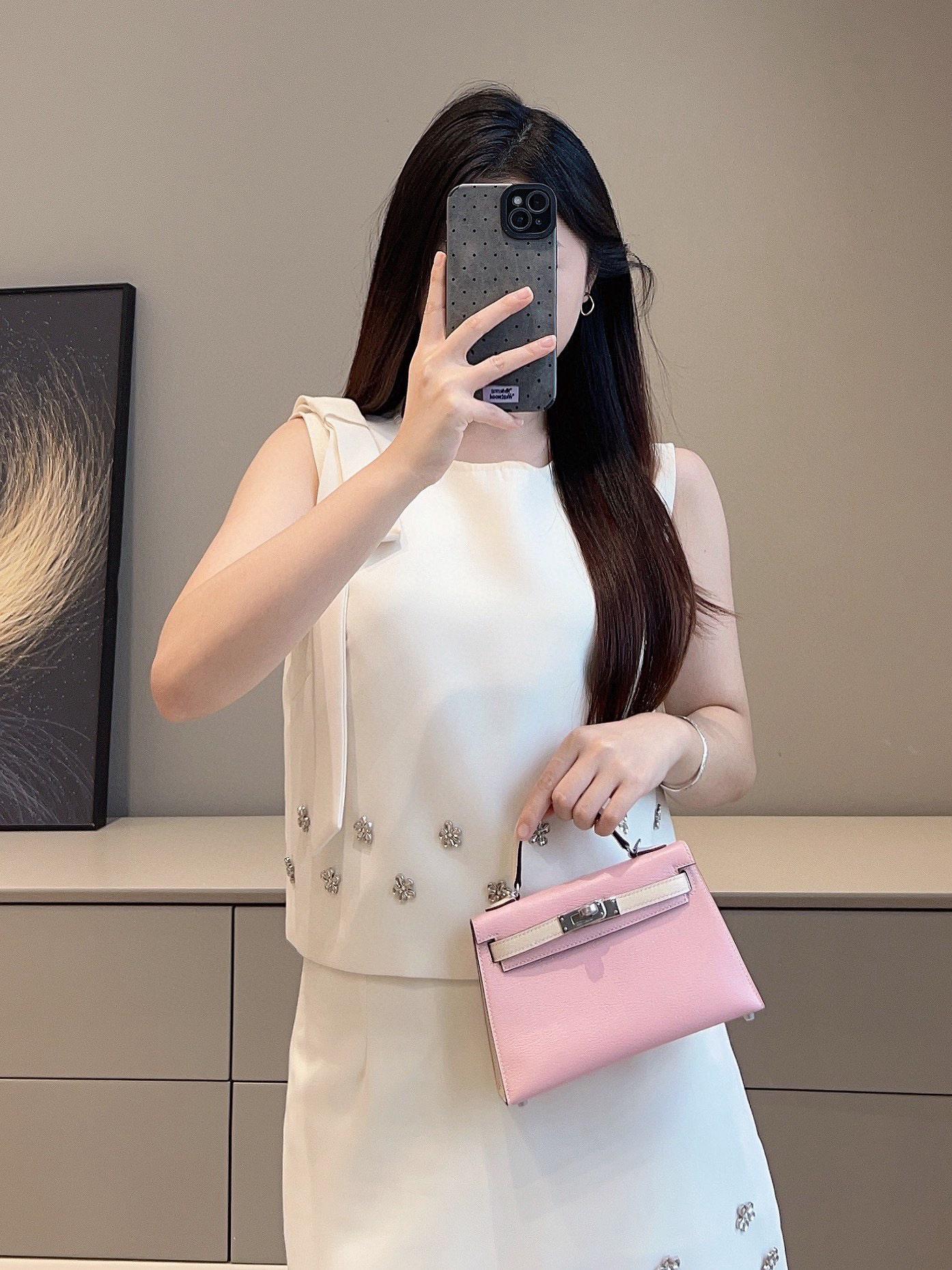HERMES 櫻花粉拼奶油白銀釦 馬蹄刻 mini kelly二代 法國羊皮 19cm