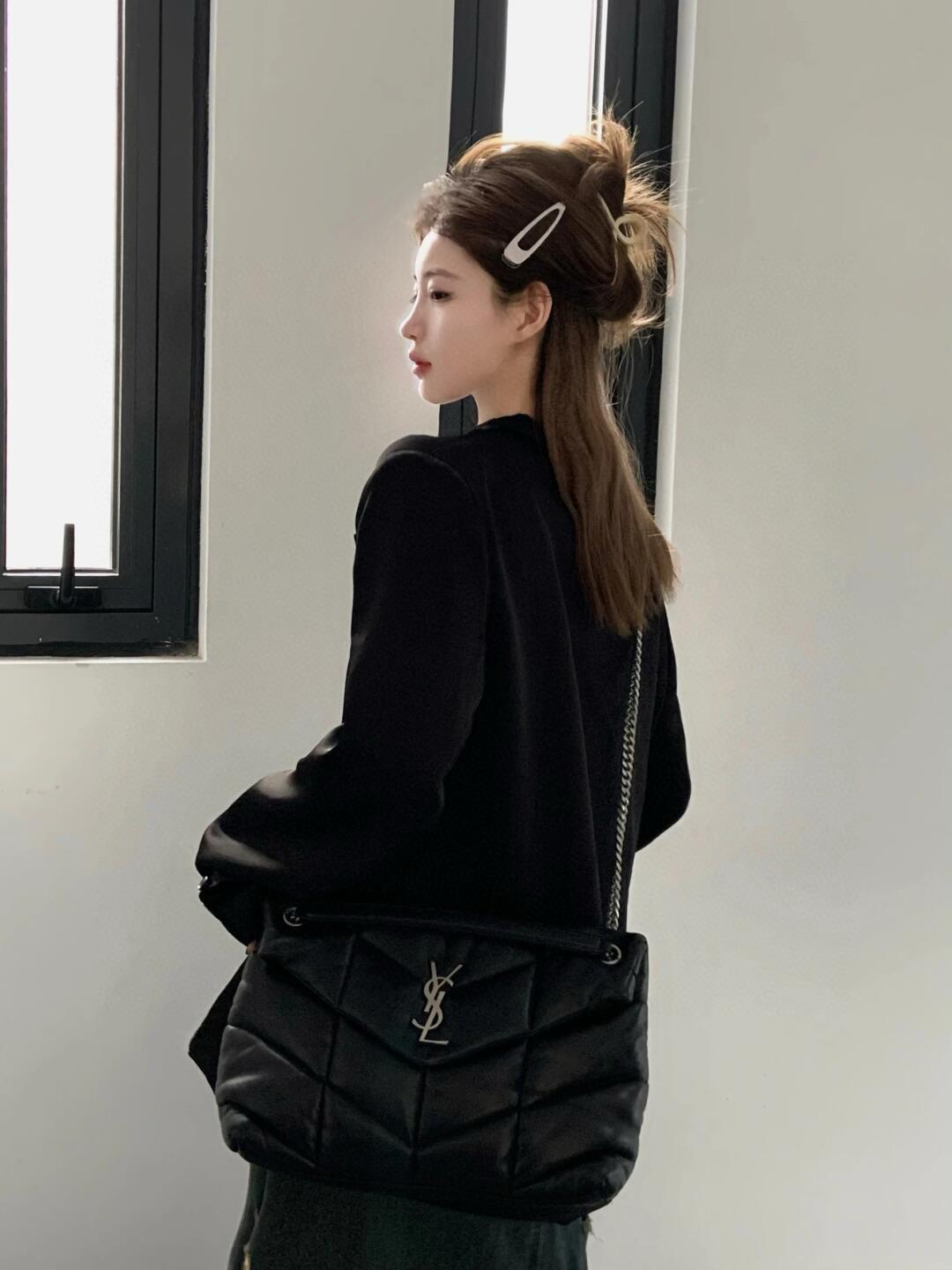 YSL 黑金/黑銀 小羊皮材質 Puffer 中號雲朵包/鏈條包 35cm 可斜挎與肩背