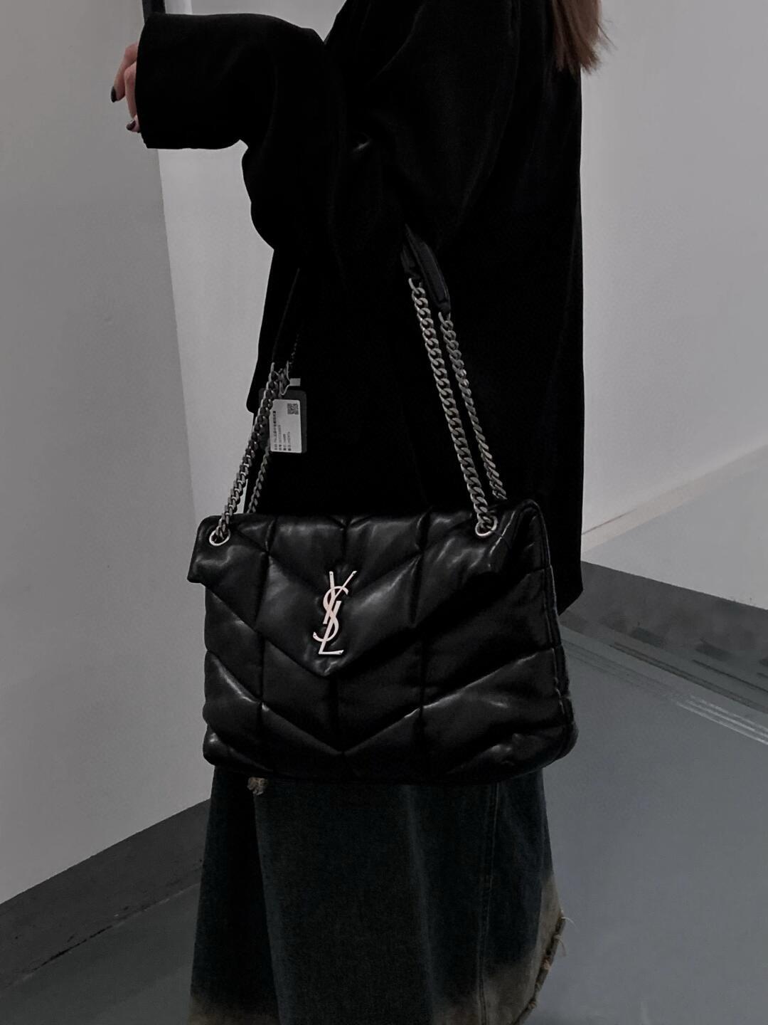 YSL 黑金/黑銀 小羊皮材質 Puffer 中號雲朵包/鏈條包 35cm 可斜挎與肩背