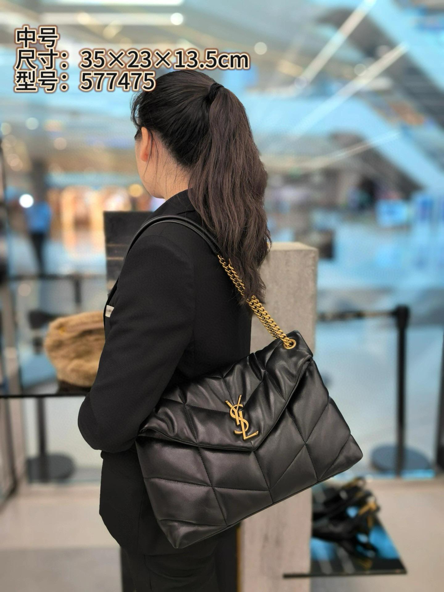 YSL 黑金/黑銀 小羊皮材質 Puffer 中號雲朵包/鏈條包 35cm 可斜挎與肩背