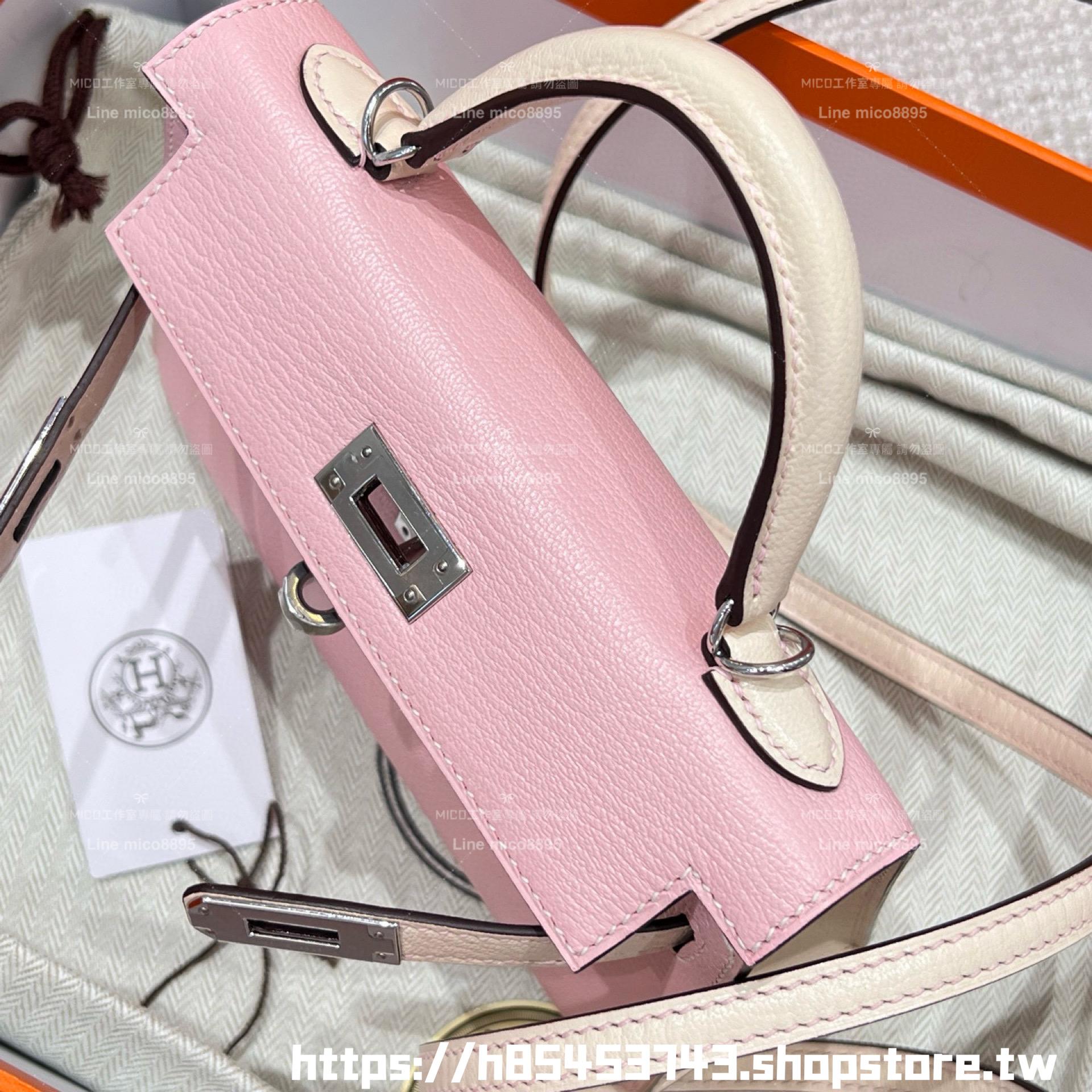 HERMES 櫻花粉拼奶油白銀釦 馬蹄刻 mini kelly二代 法國羊皮 19cm