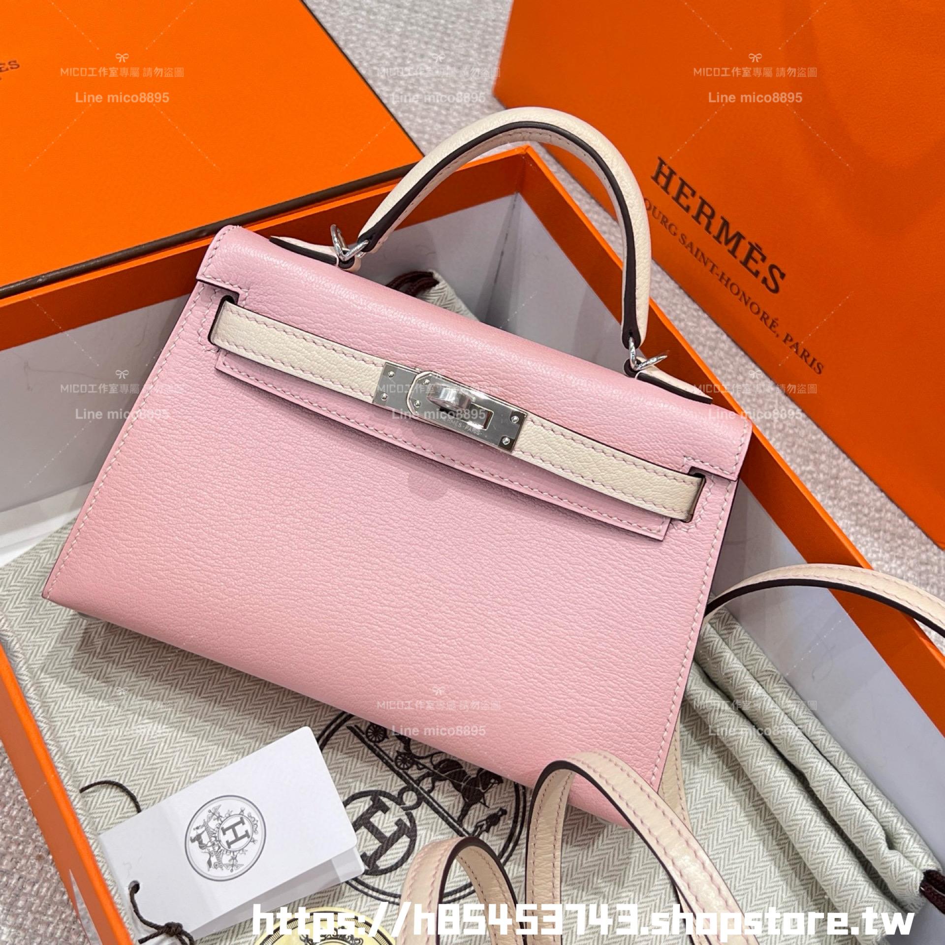 HERMES 櫻花粉拼奶油白銀釦 馬蹄刻 mini kelly二代 法國羊皮 19cm