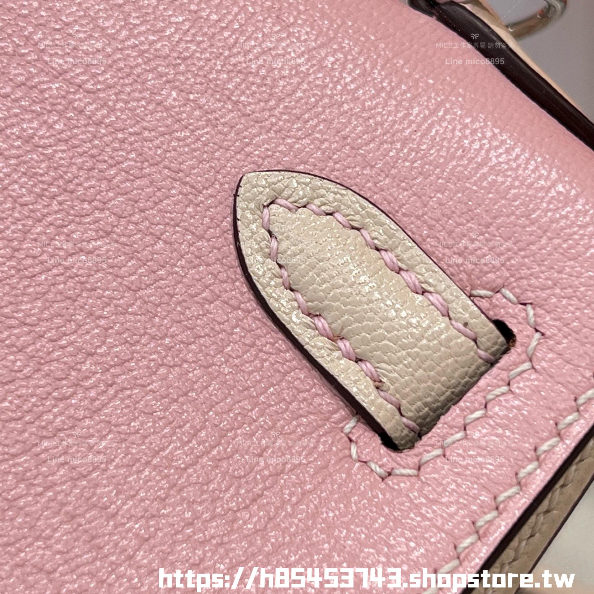 HERMES 櫻花粉拼奶油白銀釦 馬蹄刻 mini kelly二代 法國羊皮 19cm
