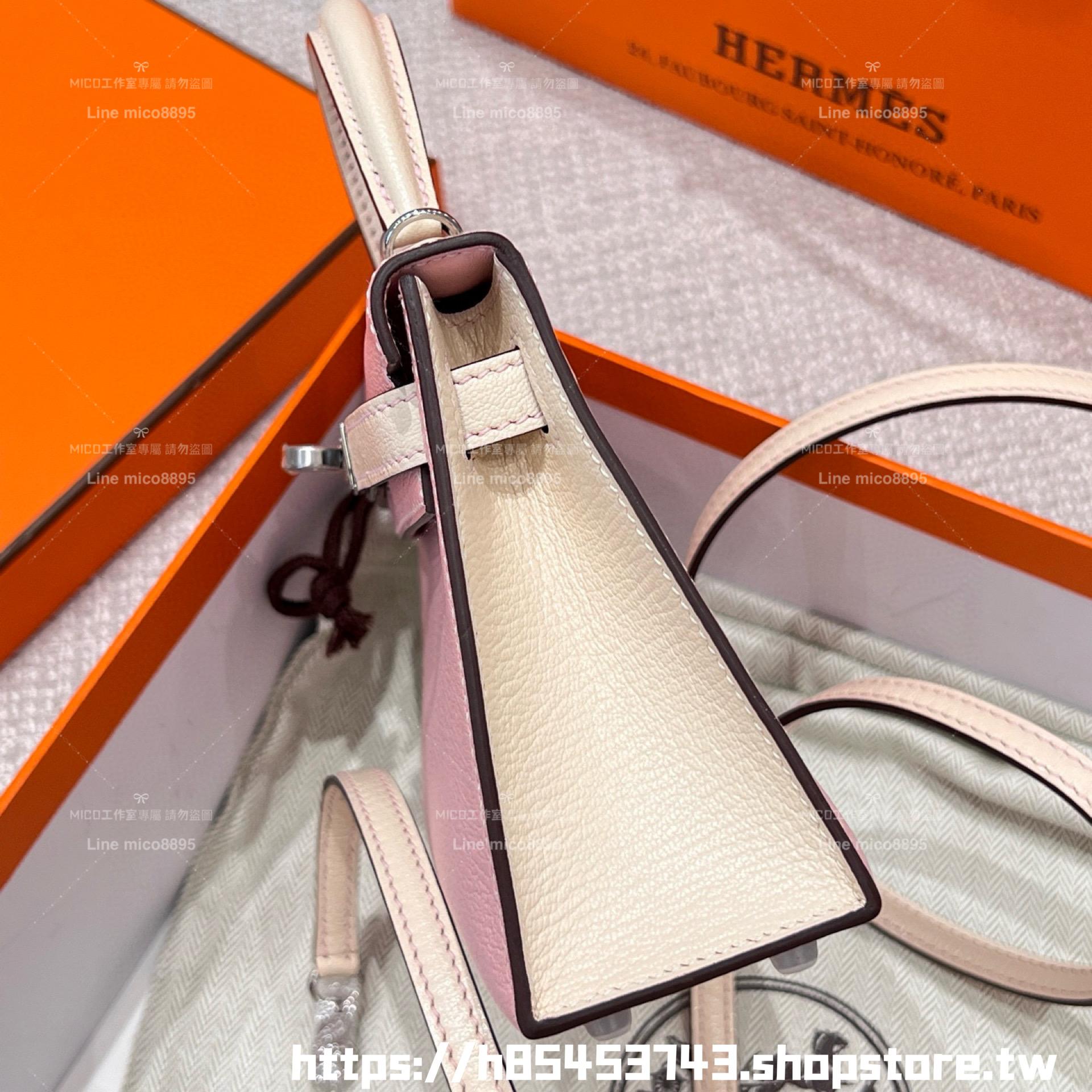 HERMES 櫻花粉拼奶油白銀釦 馬蹄刻 mini kelly二代 法國羊皮 19cm