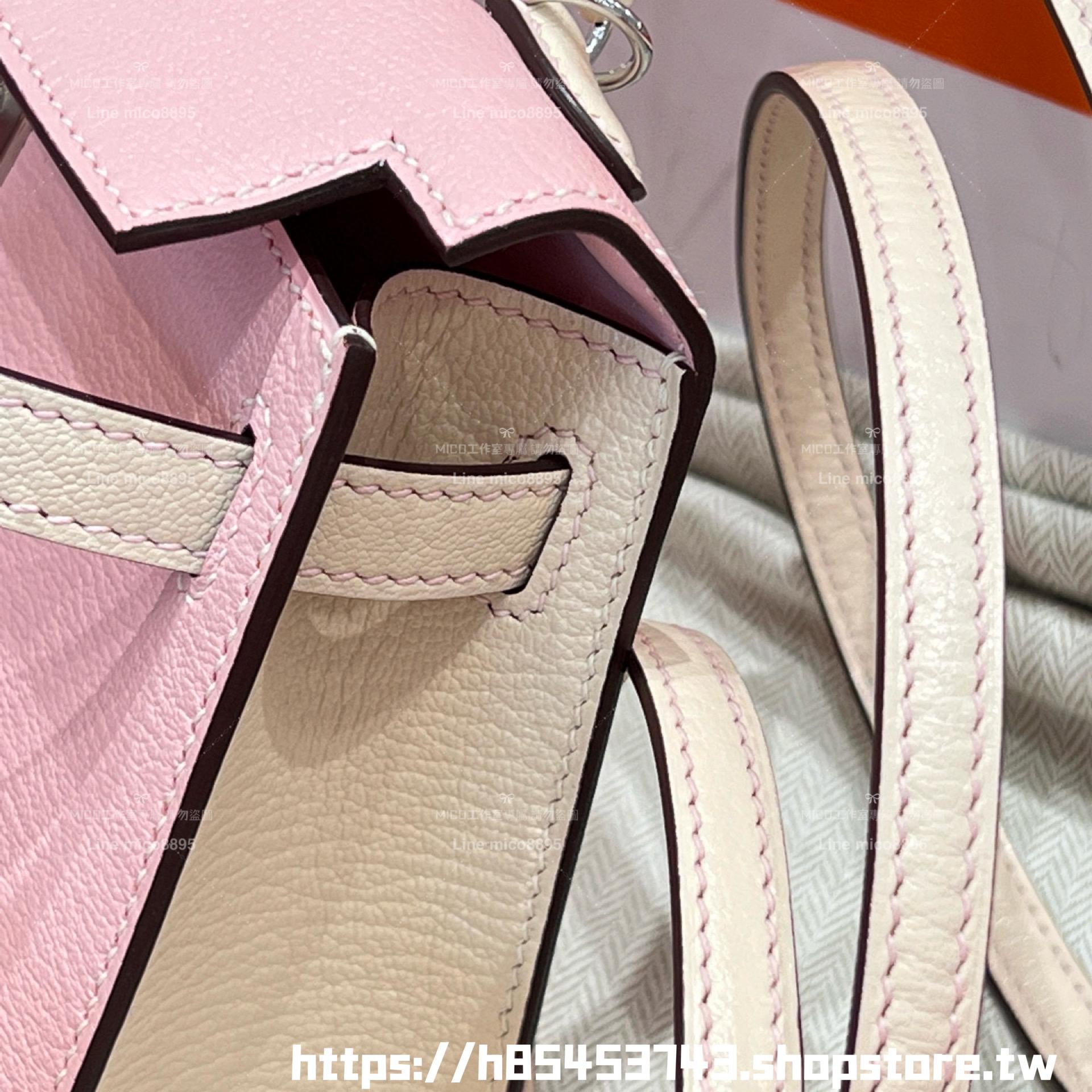 HERMES 櫻花粉拼奶油白銀釦 馬蹄刻 mini kelly二代 法國羊皮 19cm