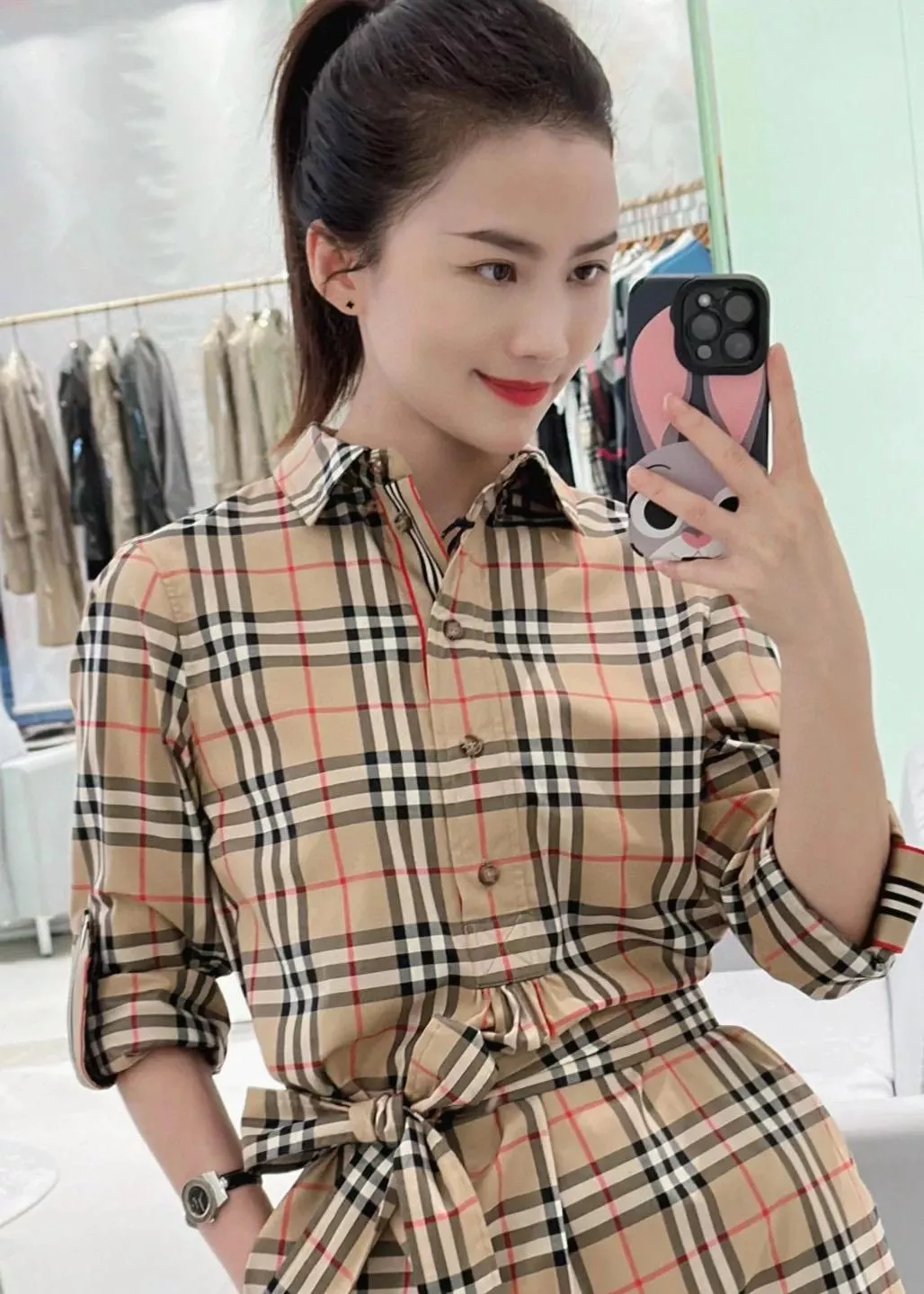 BURBERRY 經典淺色Vintage復古格紋襯衫式腰帶連衣裙