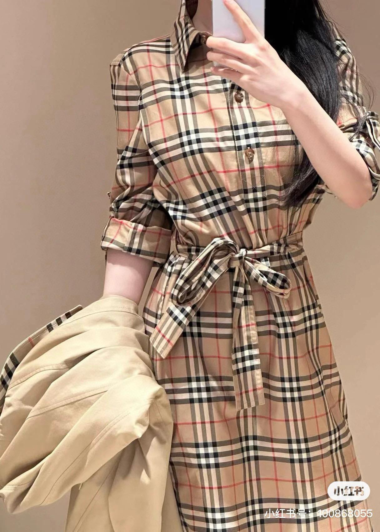 BURBERRY 經典淺色Vintage復古格紋襯衫式腰帶連衣裙
