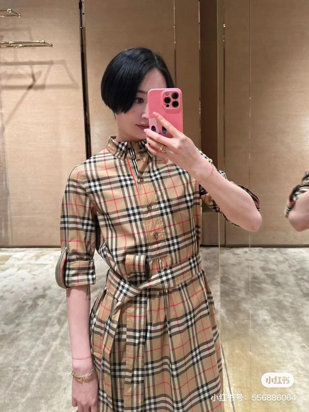 BURBERRY 經典淺色Vintage復古格紋襯衫式腰帶連衣裙