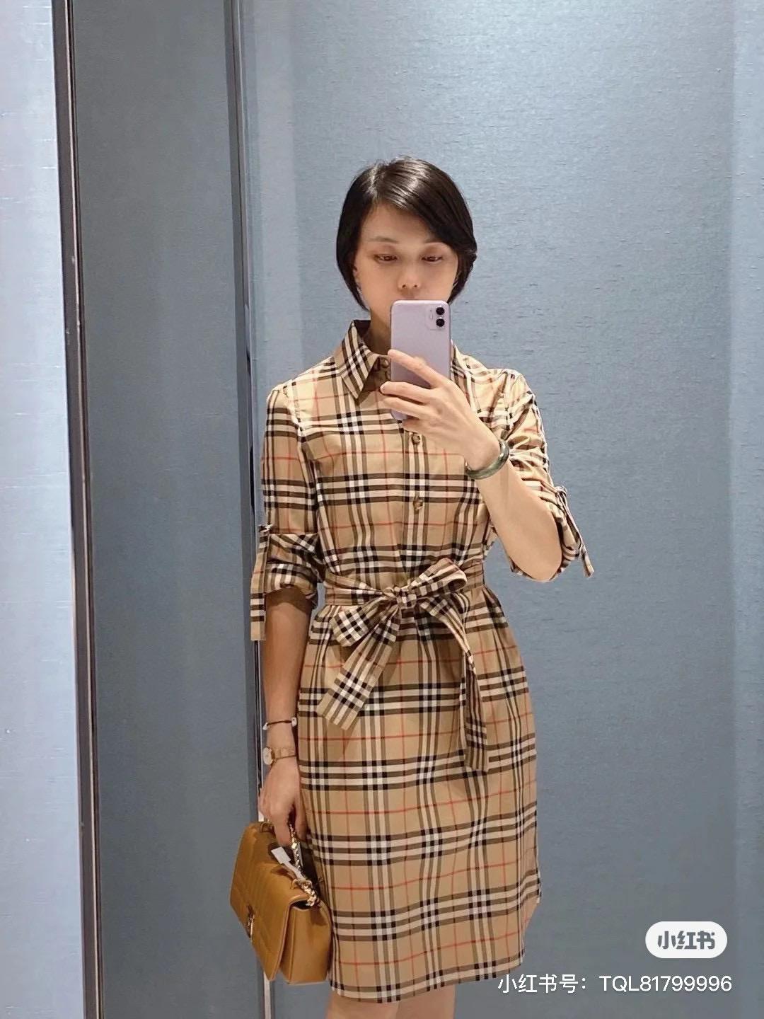 BURBERRY 經典淺色Vintage復古格紋襯衫式腰帶連衣裙