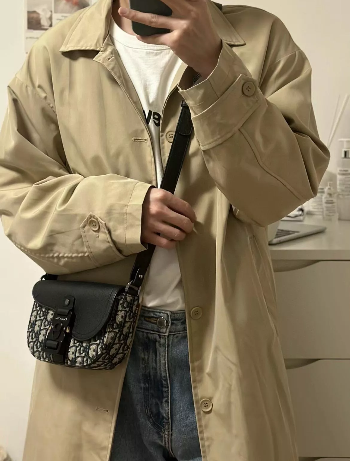 DIOR 男女同款 情侶款 黑色拼皮/米色拼皮 Gallop 迷你斜挎包/附背帶 19cm