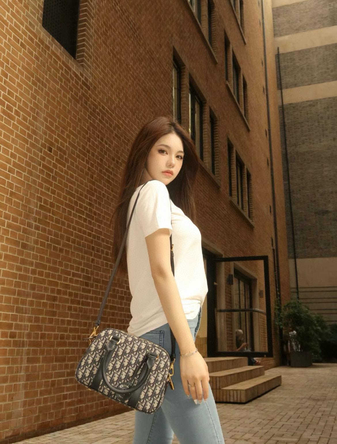 DIOR 可斜挎與手提 D-Vibe 中號 保齡球包 Oblique 緹花 25cm