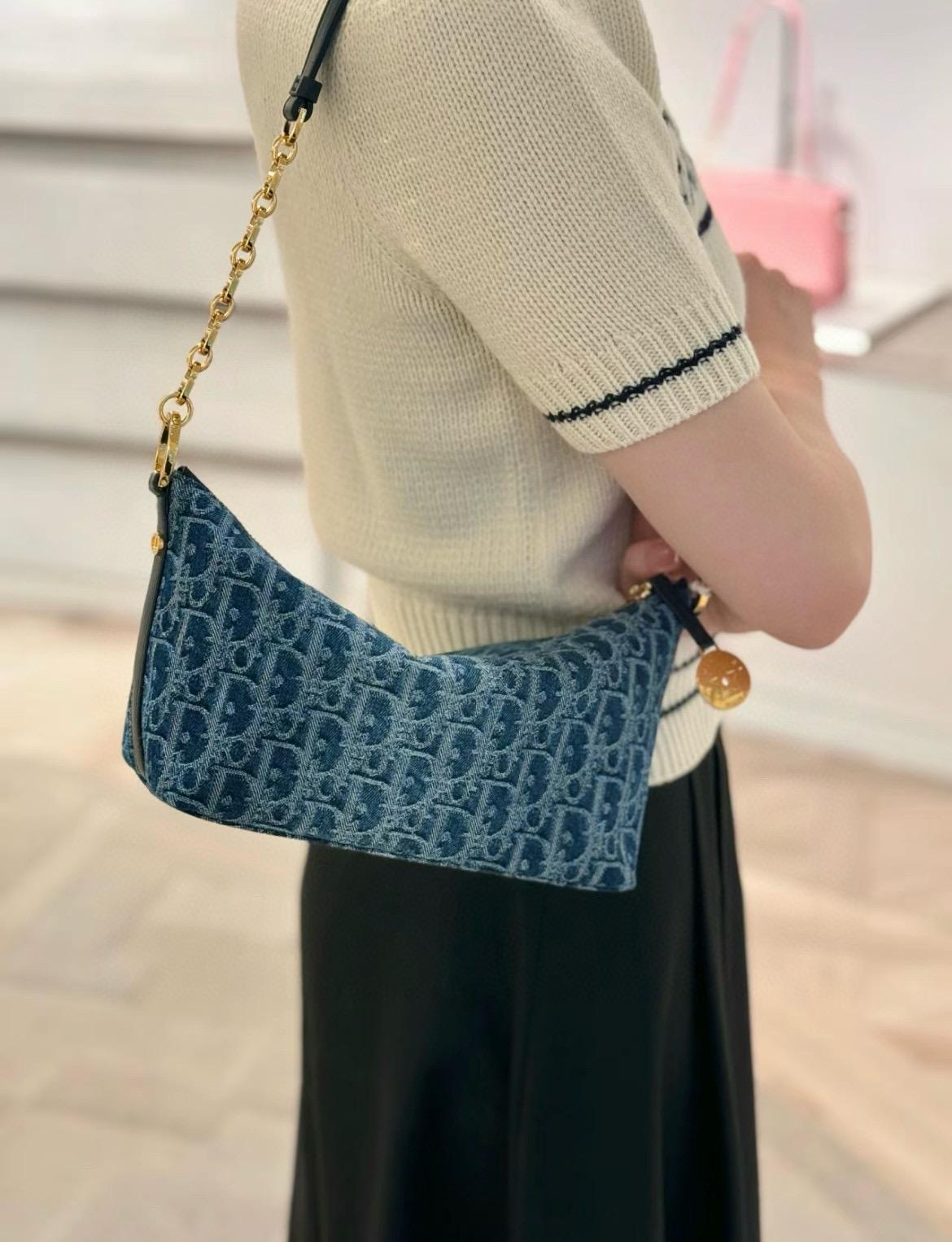 DIOR 漸變牛仔 Hobo鏈條手袋 腋下包/肩背包/飯盒包 28cm