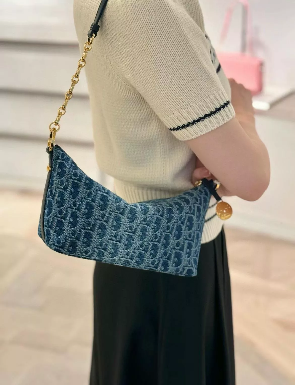 DIOR 漸變牛仔 Hobo鏈條手袋 腋下包/肩背包/飯盒包 28cm
