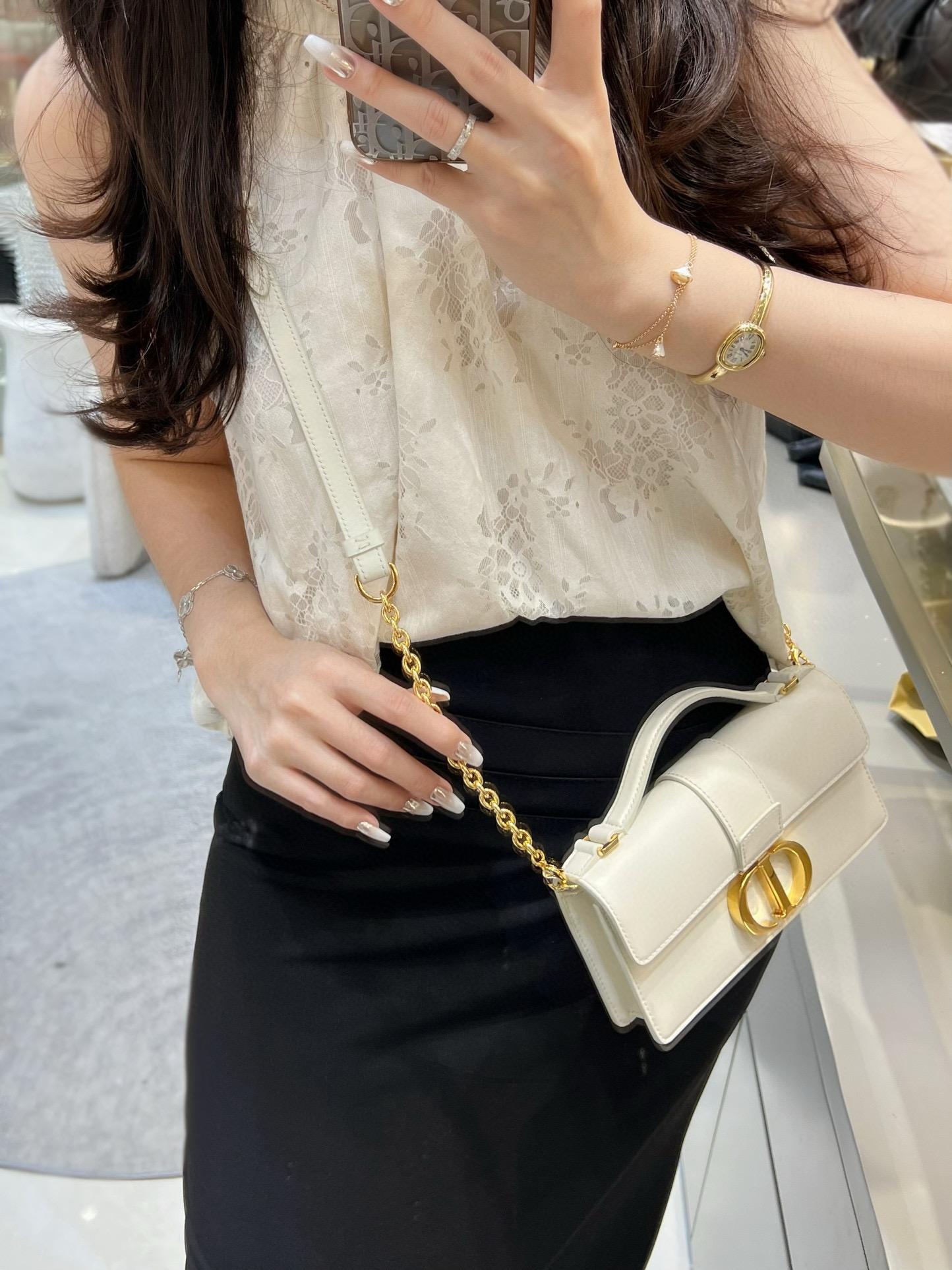 DIOR 奶白色/黑色 光滑牛皮革 Miss Montaigne 鏈條包/肩背包 20cm