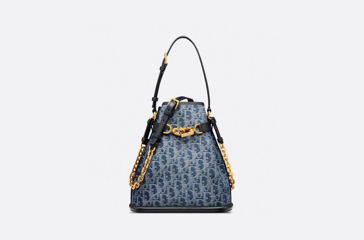 DIOR 季節款 漸變牛仔 Cest手提斜挎抽繩水桶包 24cm