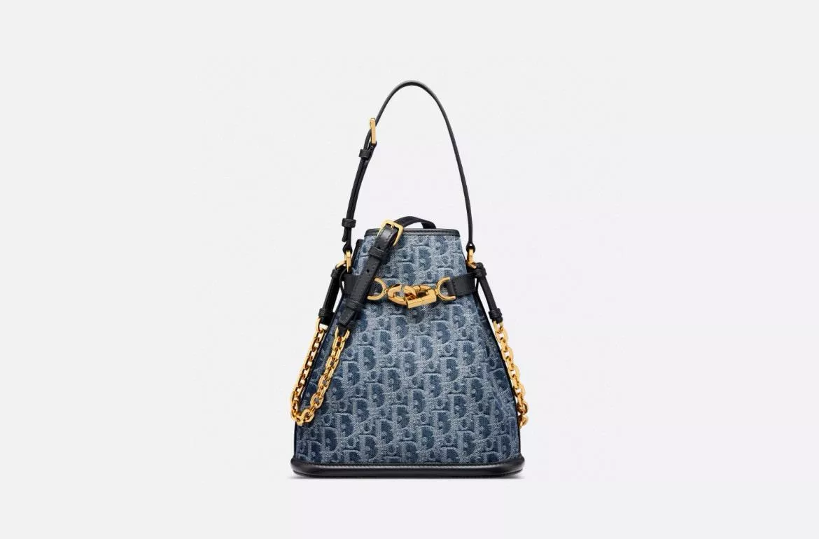 DIOR 季節款 漸變牛仔 Cest手提斜挎抽繩水桶包 24cm