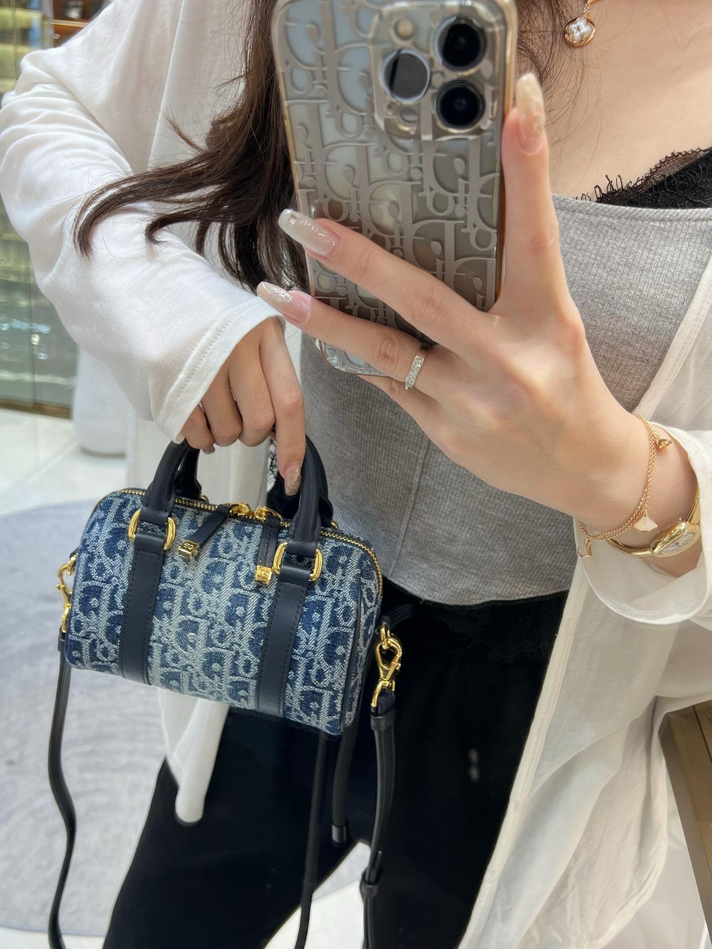 DIOR 牛仔老花波士頓包 Groove  枕頭包 16cm