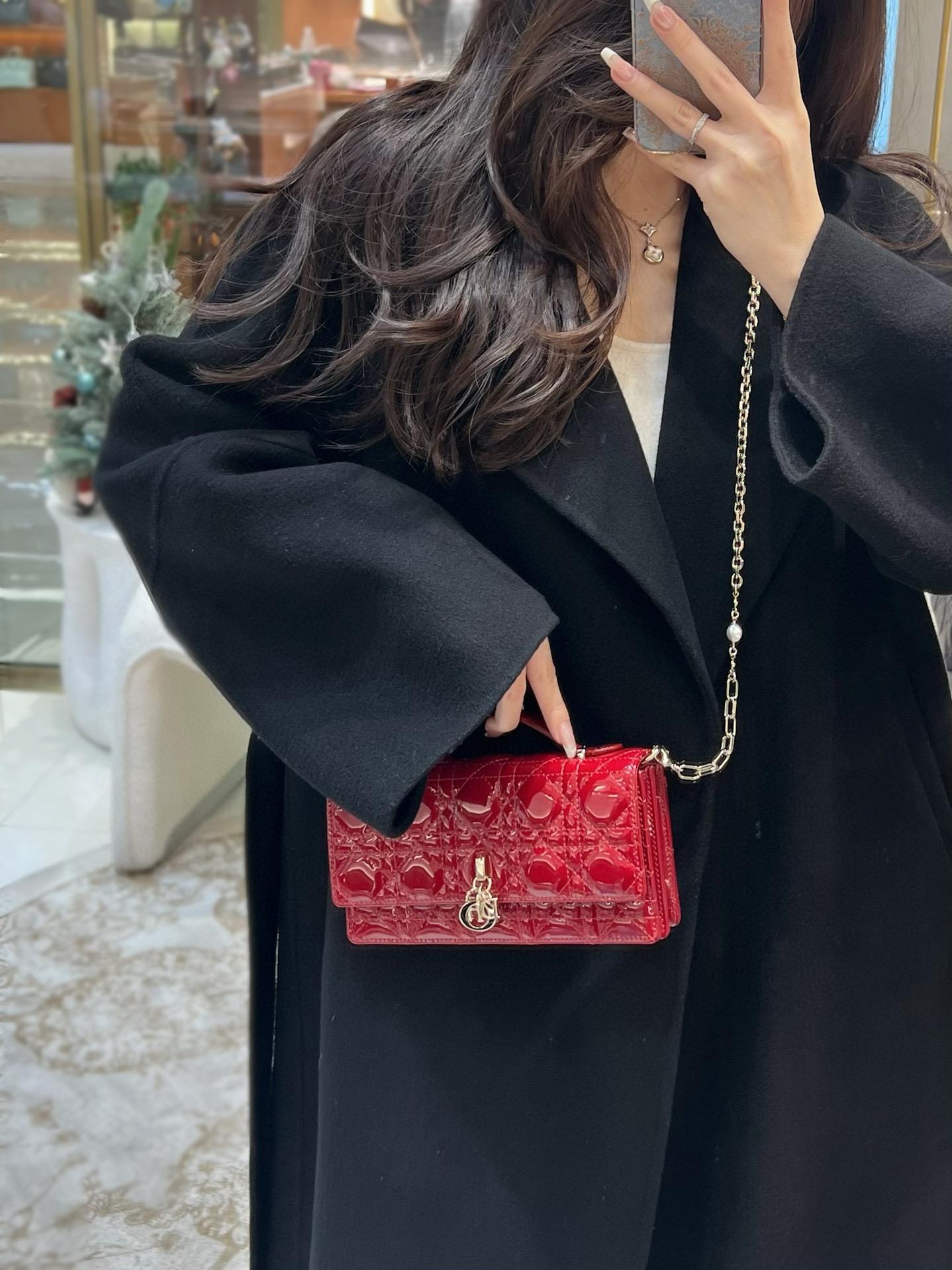 DIOR 漆皮款酒紅/黑/ Miss Dior 鏈條包 21cm
