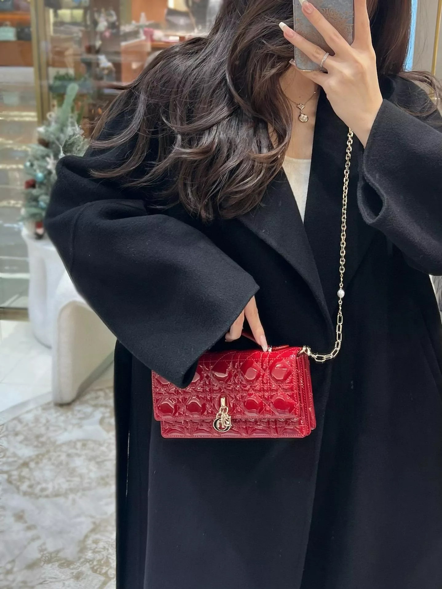 DIOR 漆皮款酒紅/黑/ Miss Dior 鏈條包 21cm