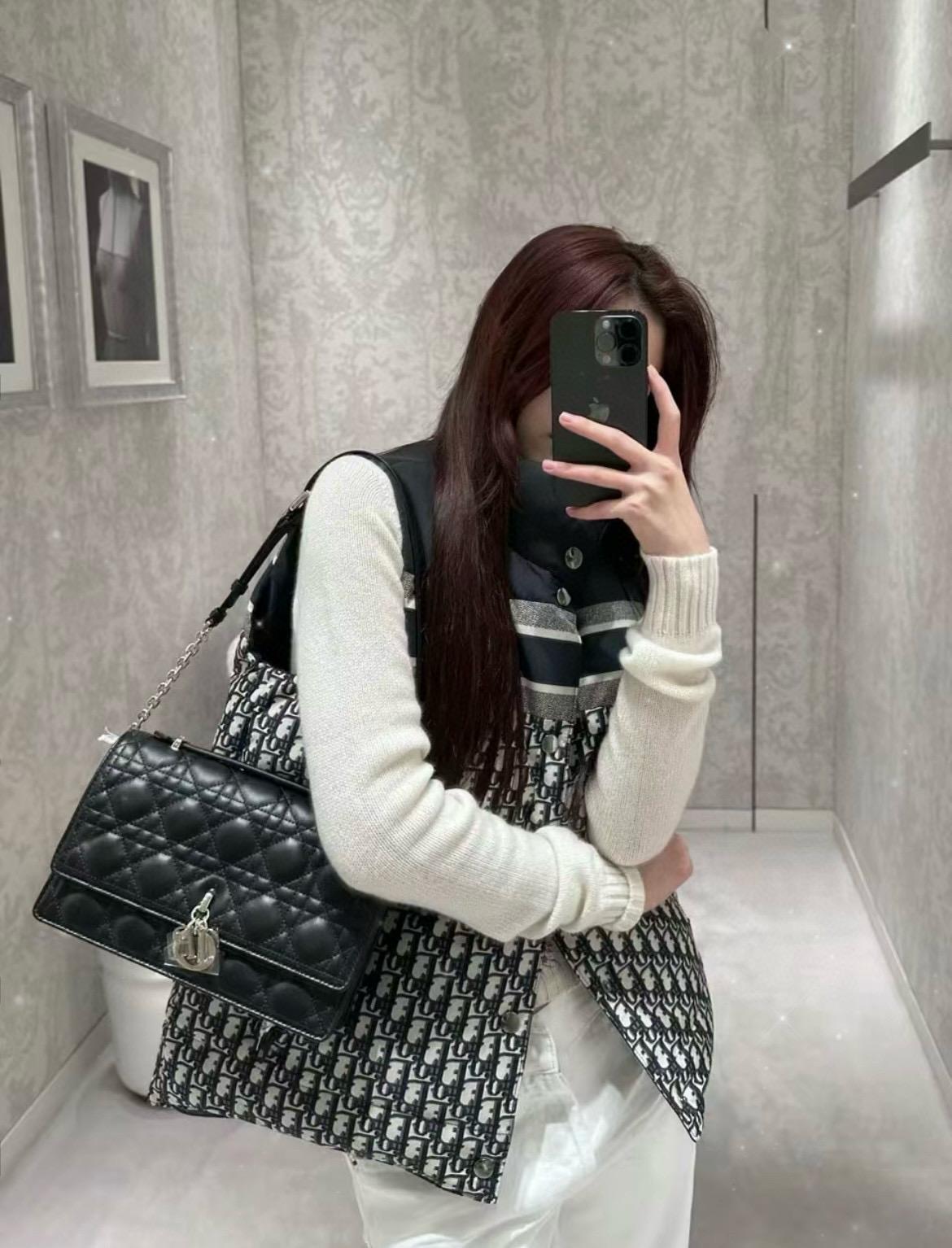 DIOR 小羊皮騰格紋 My Dior Top Handle 包 24cm 奶白色/黑色/淡粉